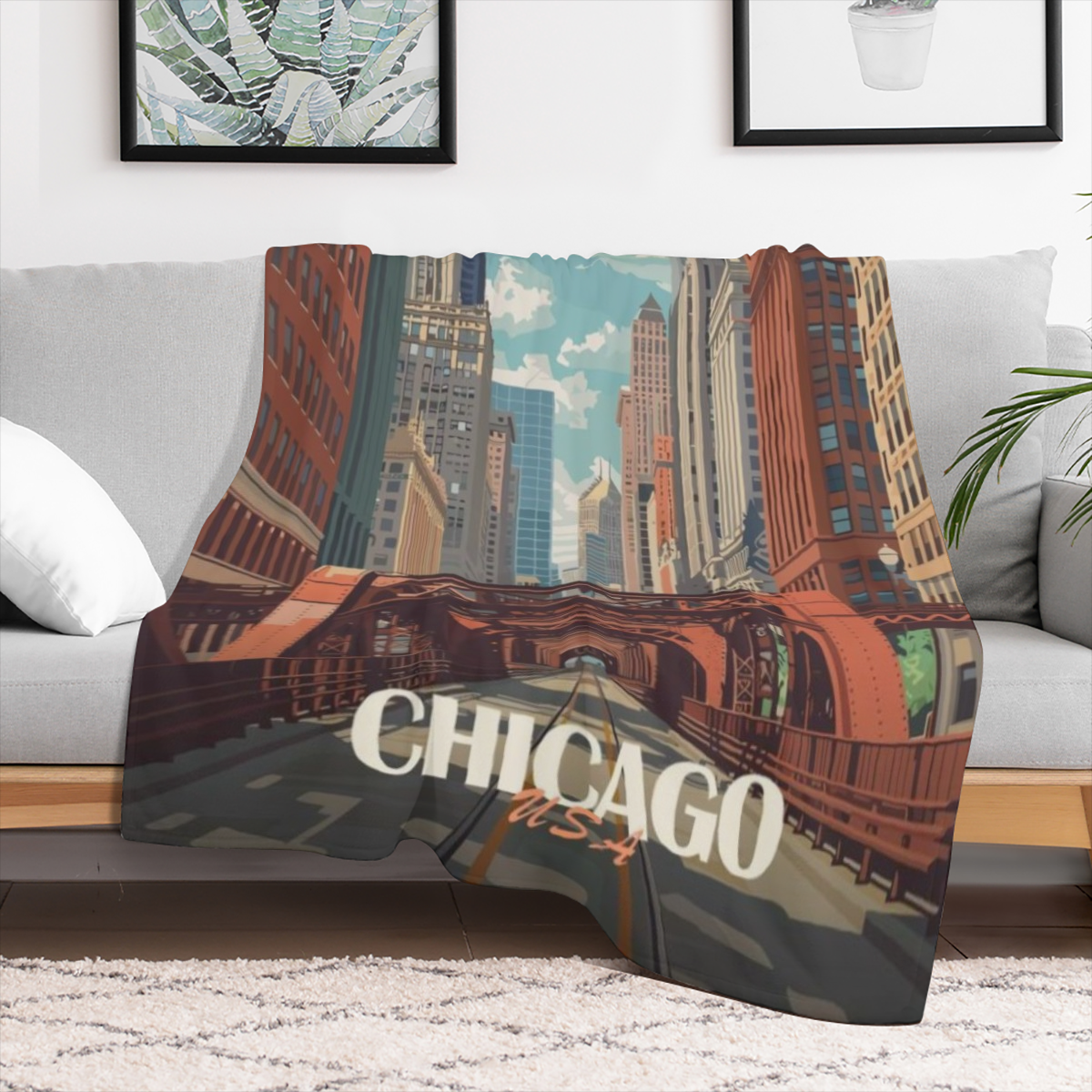 Chicago Cityscape Poster B6696151 Flannel Fleece Throw Blanket - Soft, Breathable & Absorbent Digital Print Contemporary Style for Living Room, Bedroom, Camping & Travel