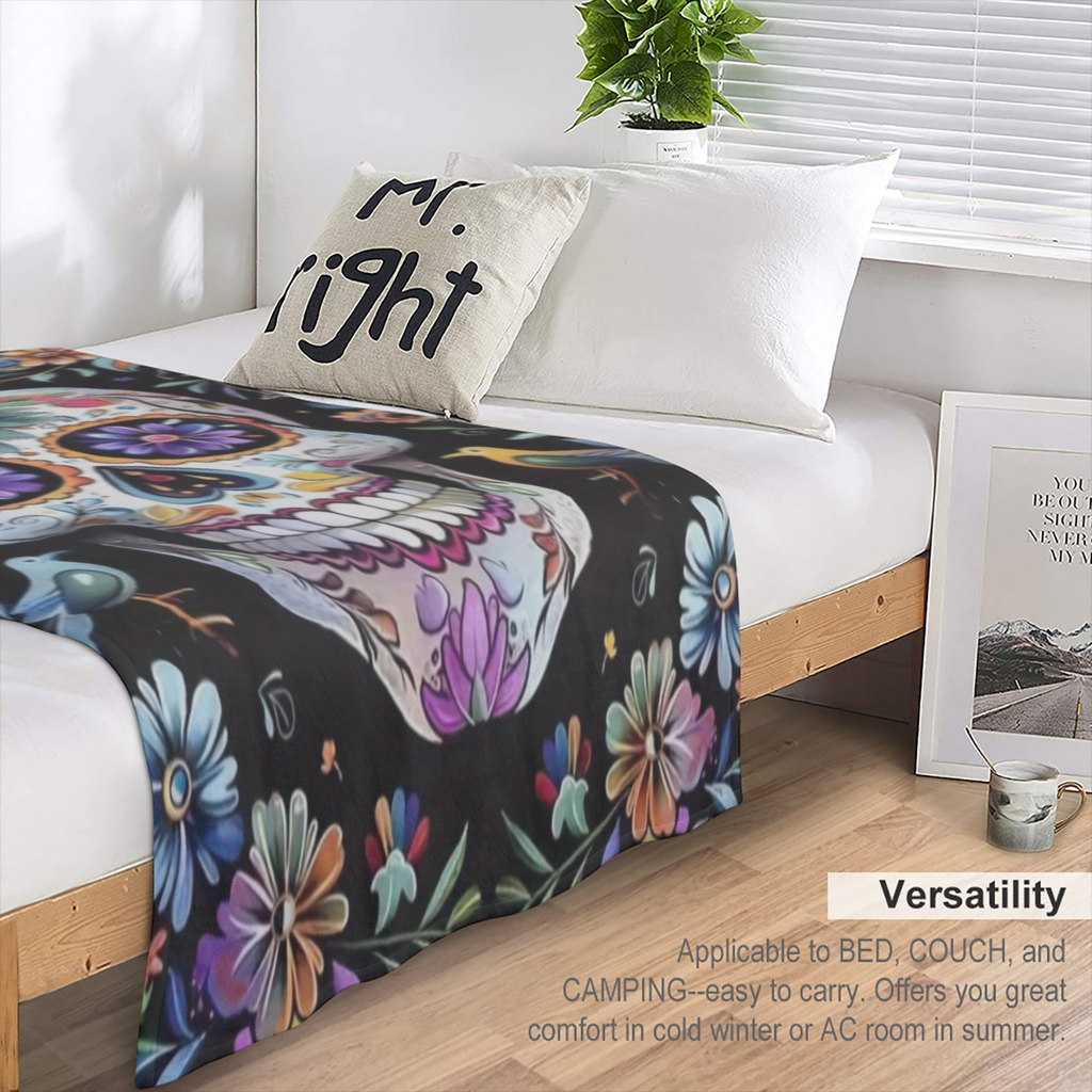Creative skull, floral print flannel blanket - digital printing, all- season multi- purpose sports style knitted bedding - soft and light gift, suitable for sofa, travel, camping, lunch break, home