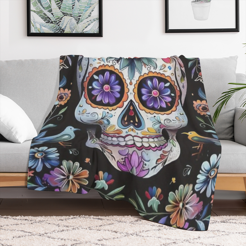Creative skull, floral print flannel blanket - digital printing, all- season multi- purpose sports style knitted bedding - soft and light gift, suitable for sofa, travel, camping, lunch break, home