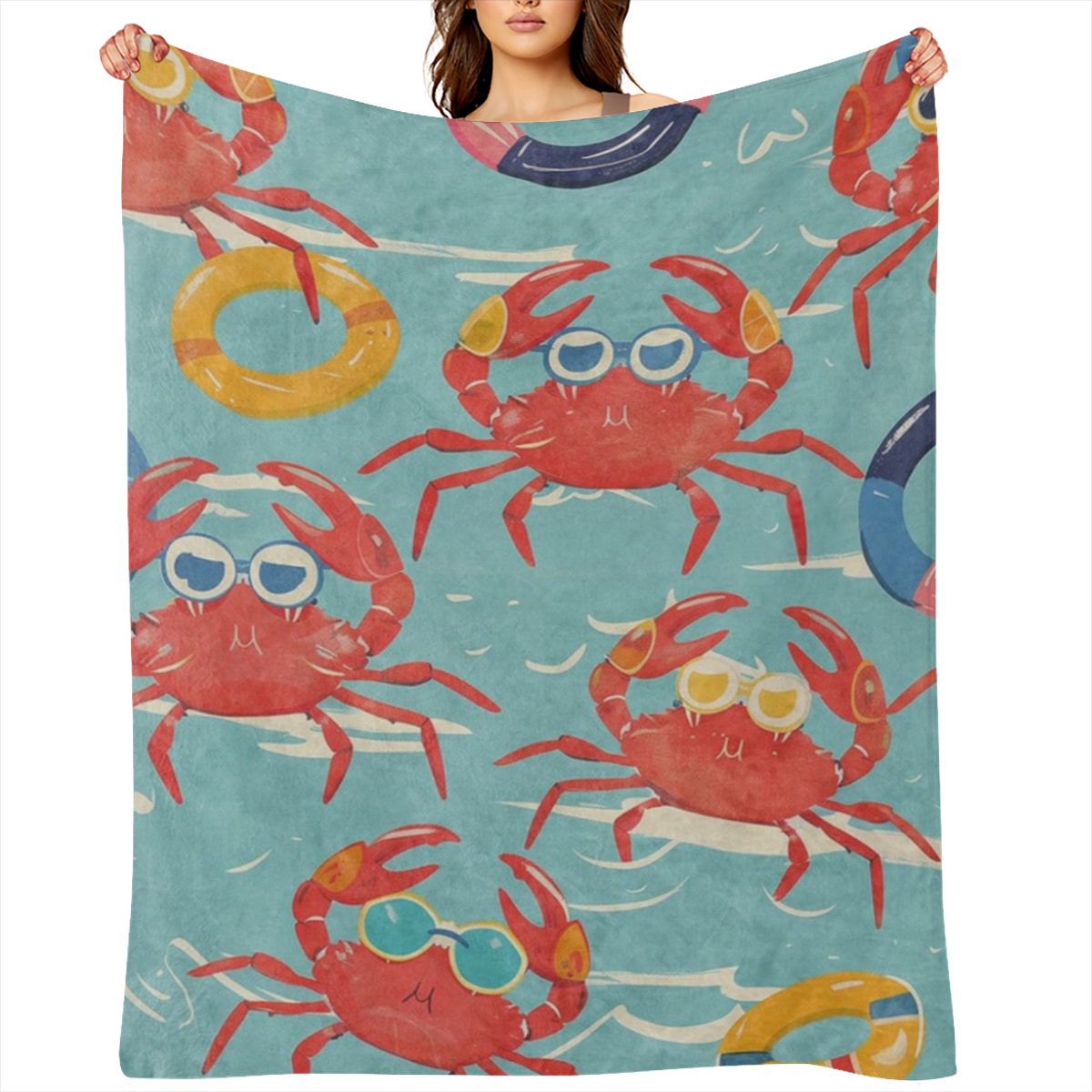 Cartoon Crab Throw Blanket Gifts, Soft Cozy Fleece Blanket with Fun Crabs and Lifebuoy Print, Blanket for Boys Girls Boys Girls, Perfect for Couch Bed Sofa, Beach Summer Decor, 50x60 in, 280GSM CozyFl