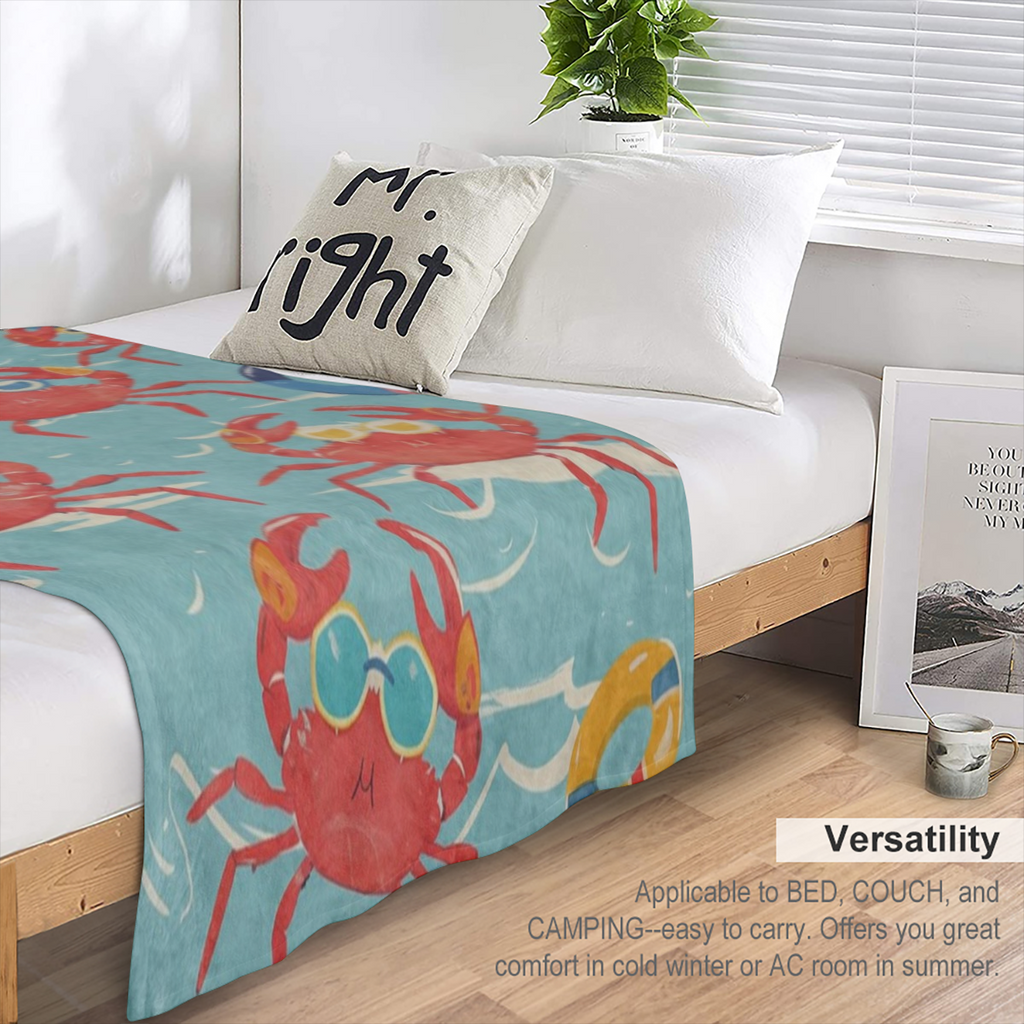 Cartoon Crab Throw Blanket Gifts, Soft Cozy Fleece Blanket with Fun Crabs and Lifebuoy Print, Blanket for Boys Girls Boys Girls, Perfect for Couch Bed Sofa, Beach Summer Decor, 50x60 in, 280GSM CozyFl