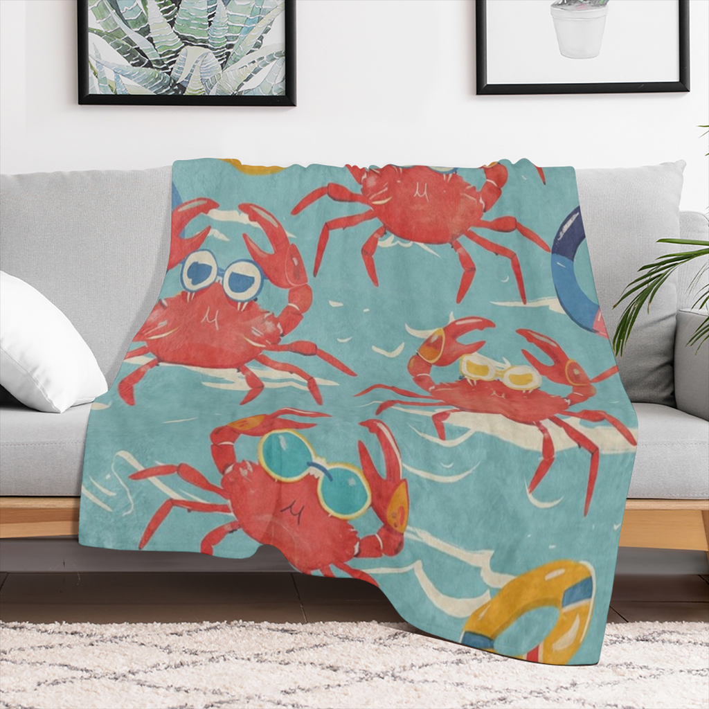 Cartoon Crab Throw Blanket Gifts, Soft Cozy Fleece Blanket with Fun Crabs and Lifebuoy Print, Blanket for Boys Girls Boys Girls, Perfect for Couch Bed Sofa, Beach Summer Decor, 50x60 in, 280GSM CozyFl
