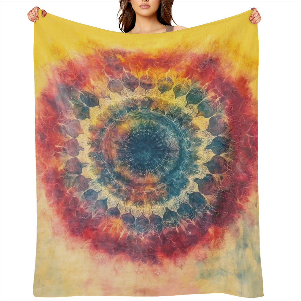 A modern style tie- dye printed flannel blanket, 100 polyester, knitted, digitally printed, tear resistant, suitable for all seasons, perfect for sofas, beds, camping and offices, making it an ideal g