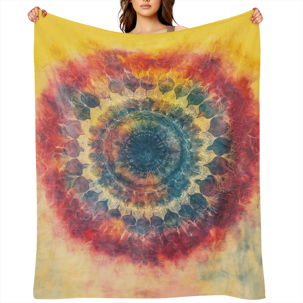 A modern style tie- dye printed flannel blanket, 100 polyester, knitted, digitally printed, tear resistant, suitable for all seasons, perfect for sofas, beds, camping and offices, making it an ideal g