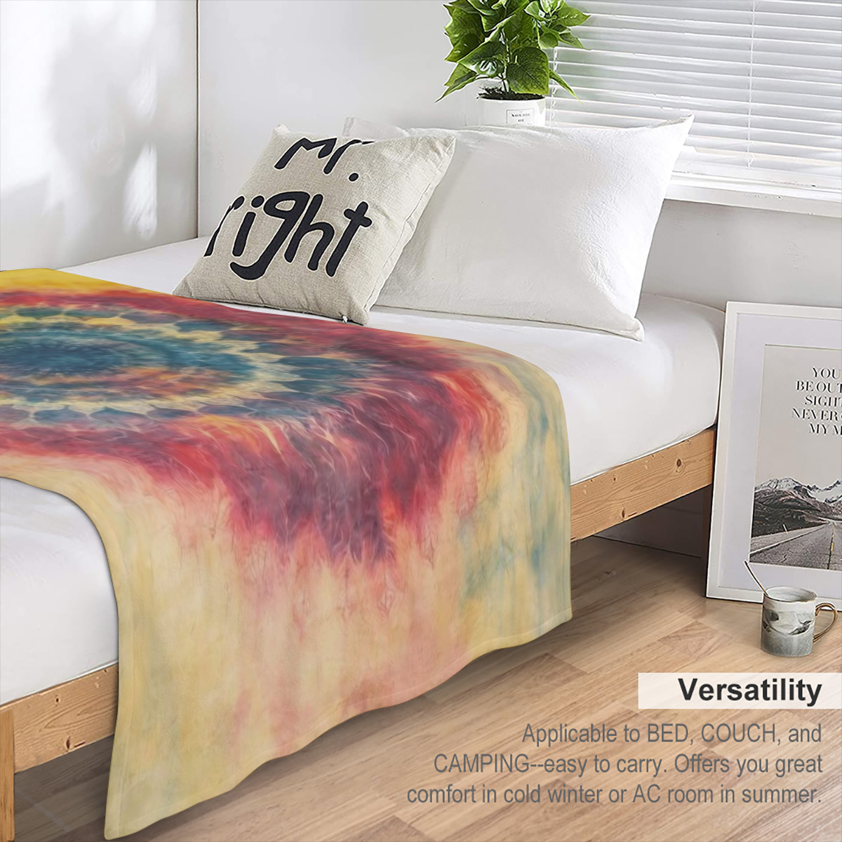 A modern style tie- dye printed flannel blanket, 100 polyester, knitted, digitally printed, tear resistant, suitable for all seasons, perfect for sofas, beds, camping and offices, making it an ideal g