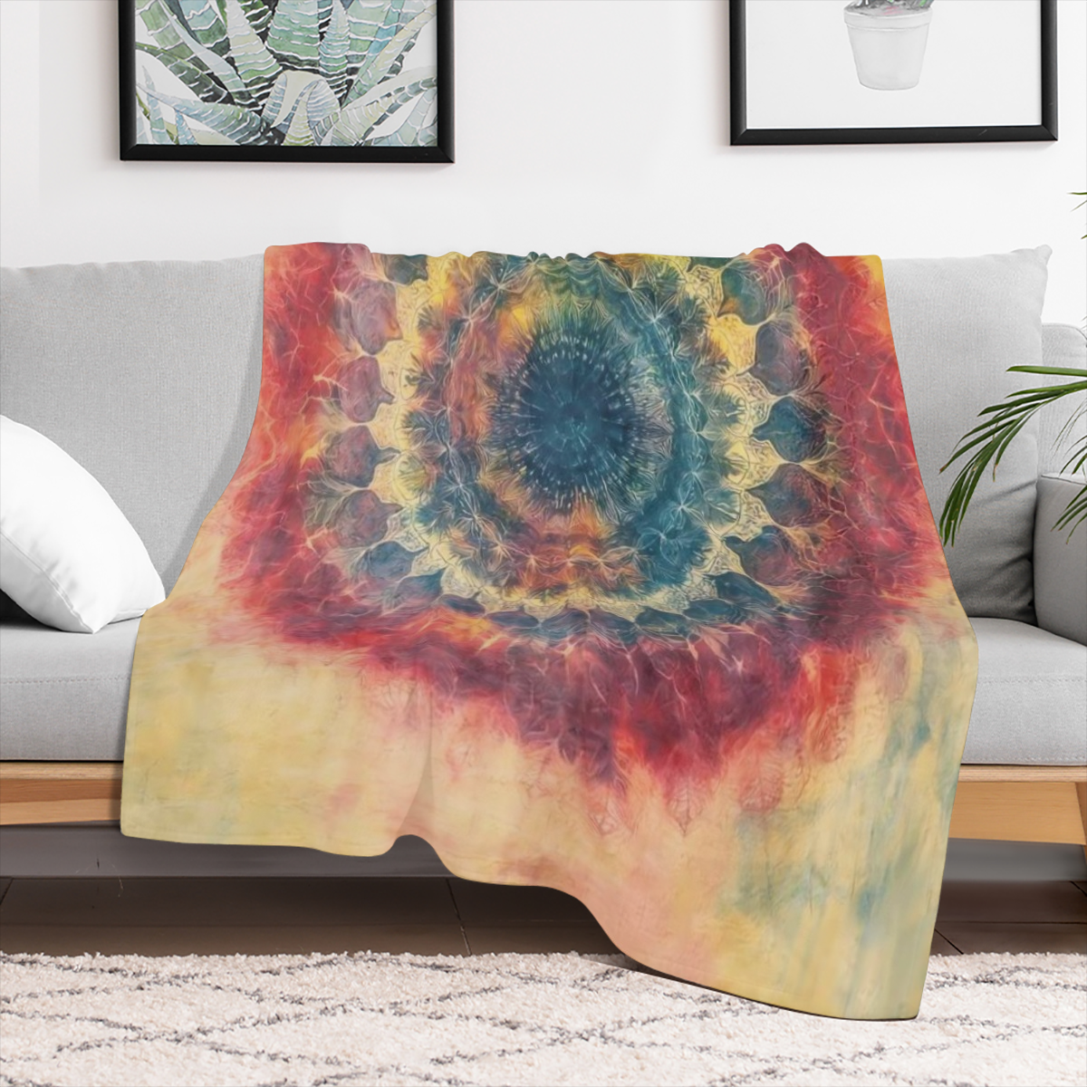 A modern style tie- dye printed flannel blanket, 100 polyester, knitted, digitally printed, tear resistant, suitable for all seasons, perfect for sofas, beds, camping and offices, making it an ideal g
