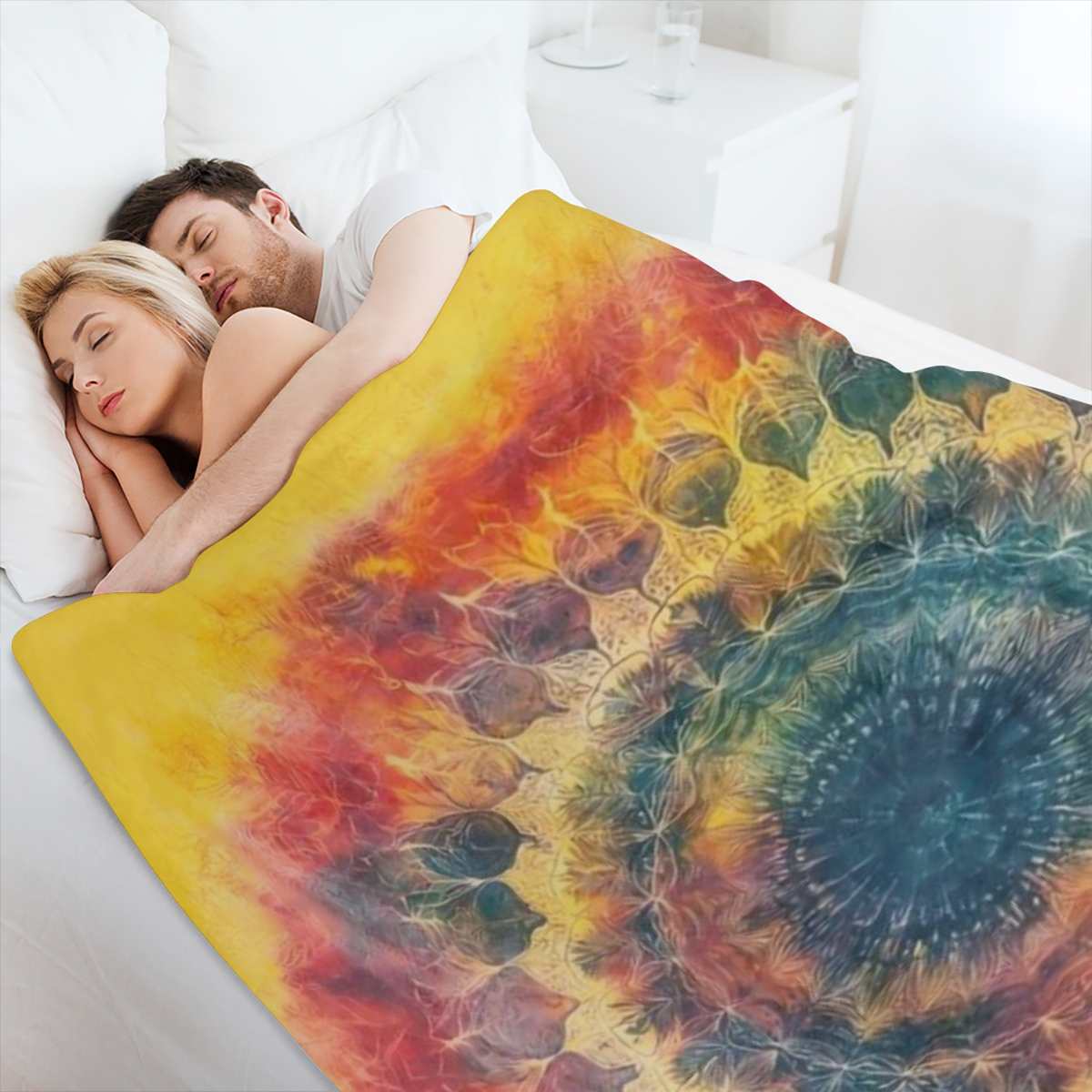 A modern style tie- dye printed flannel blanket, 100 polyester, knitted, digitally printed, tear resistant, suitable for all seasons, perfect for sofas, beds, camping and offices, making it an ideal g