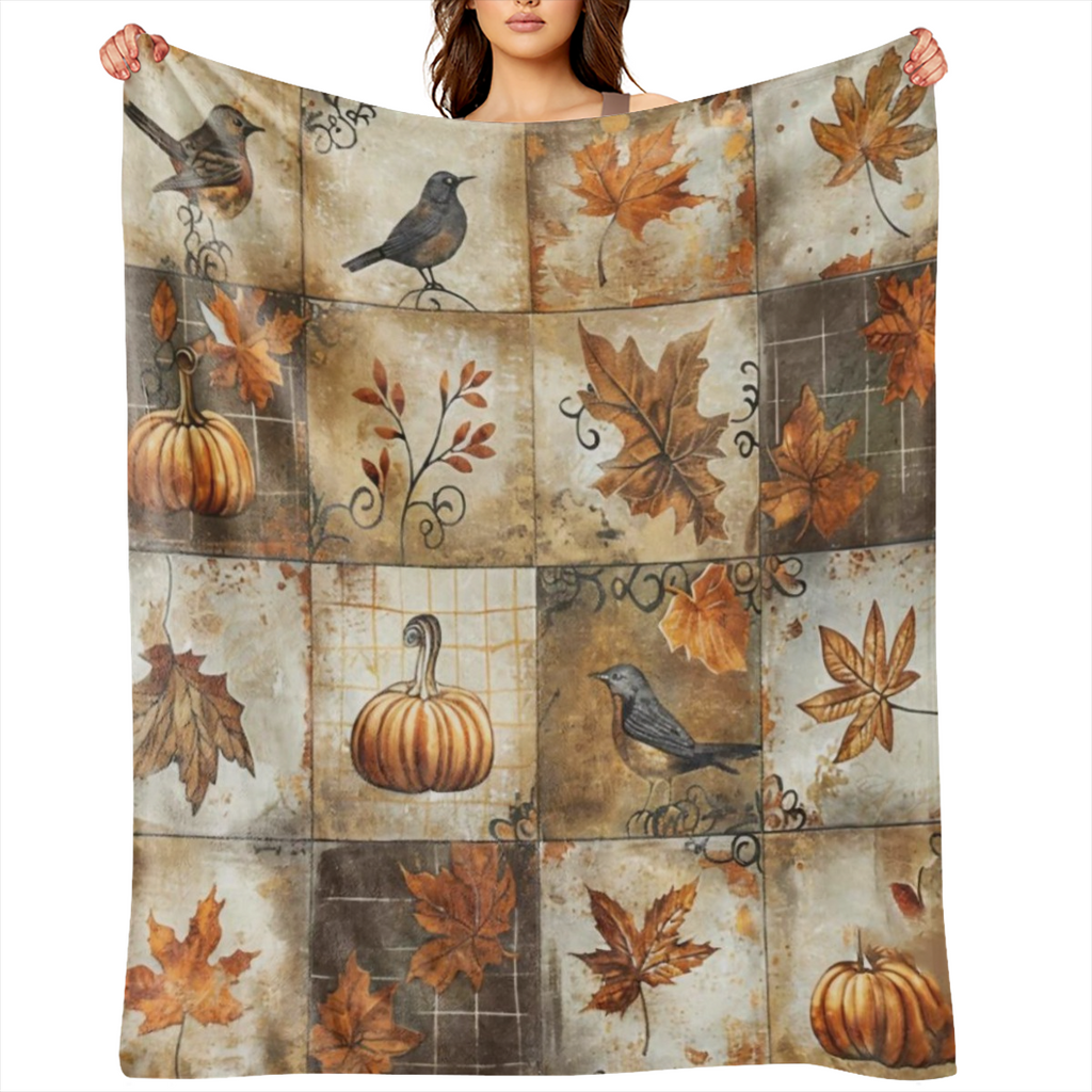 Autumn Warm Blanket Classic bird, maple leaf and pumpkin patterns - soft and warm for all seasons