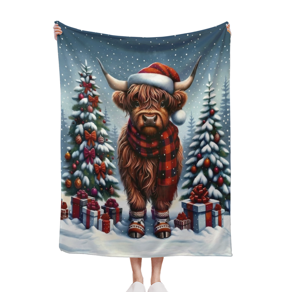 `Christmas Highland Cow Throw Blanket, Cute Scottish Cow With Santa Hat Winter Snowy Xmas Tree Gift Soft Flannel Blanket, Holiday Farmhouse Home Decor`