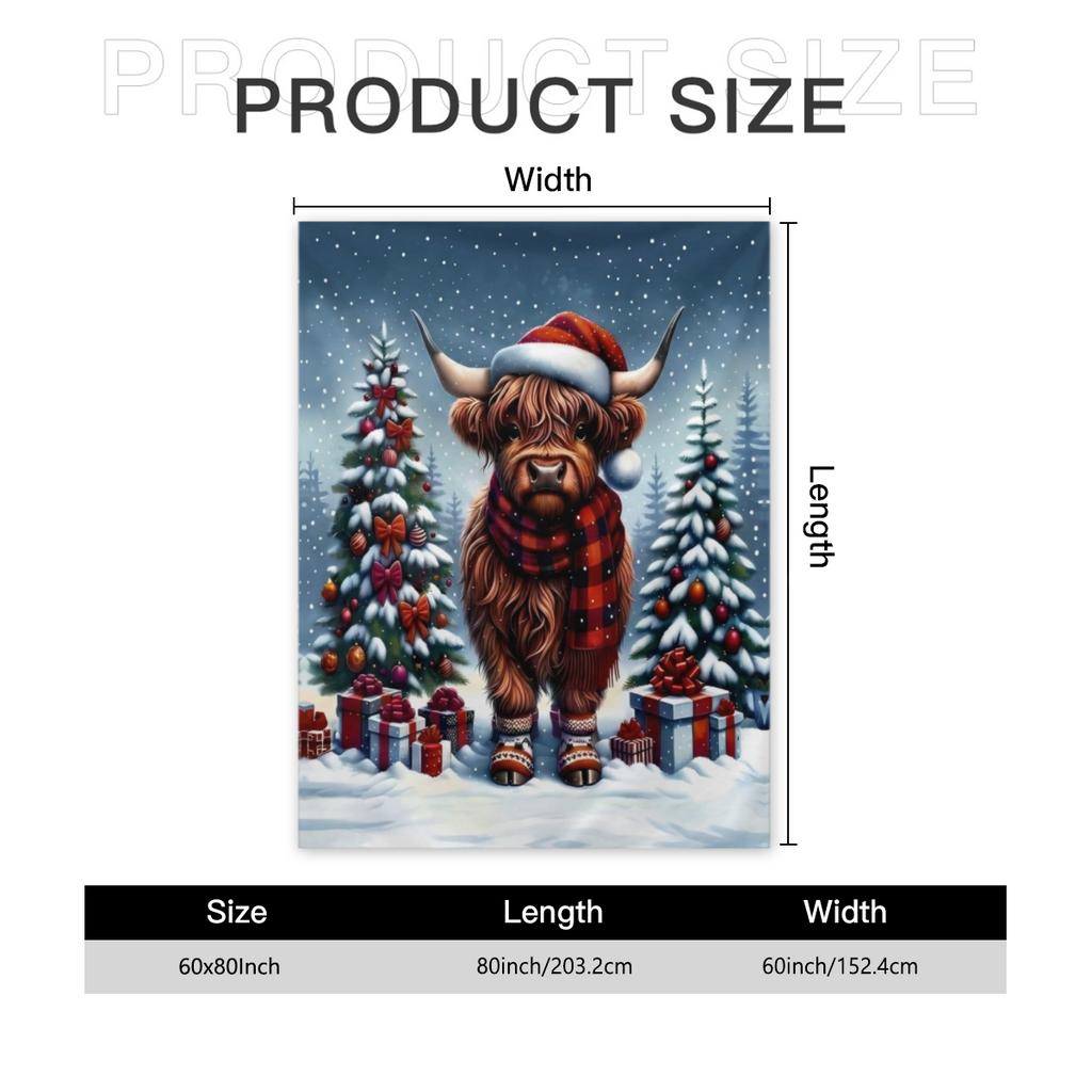 `Christmas Highland Cow Throw Blanket, Cute Scottish Cow With Santa Hat Winter Snowy Xmas Tree Gift Soft Flannel Blanket, Holiday Farmhouse Home Decor`
