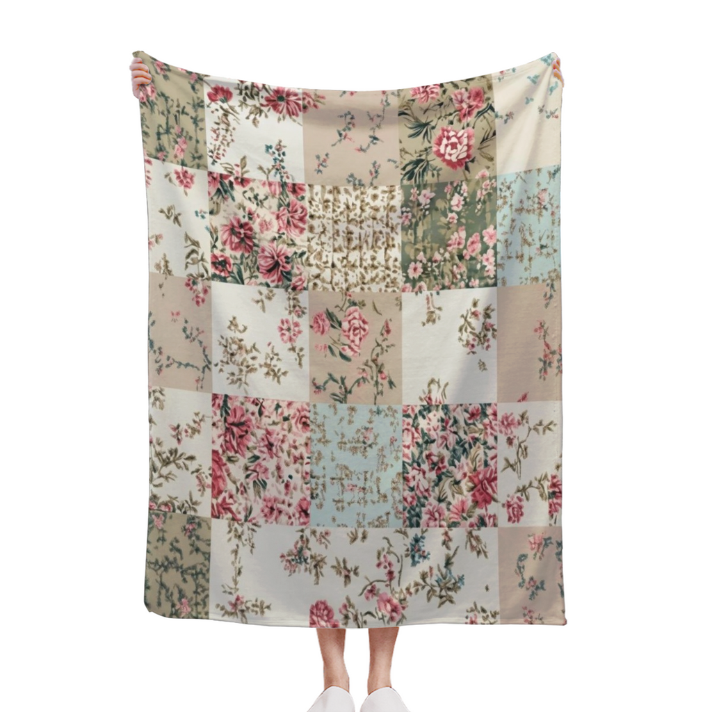 Vintage Floral Patchwork Quilted Blanket - Soft Plaid Flannel Throw with Pink, Blue, Beige, Green, Brown, White, Gray, Black - All-Season Cozy Bedspread, Couch Cover, Camping & Travel Companion - Eleg