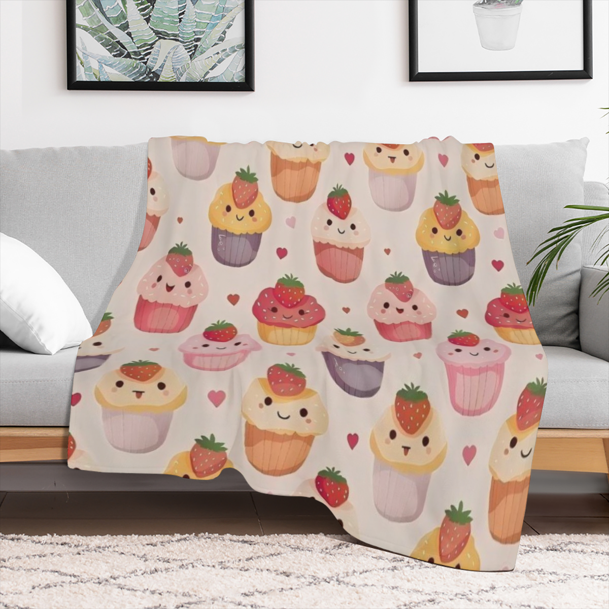 Adorable Cupcake And Hearts Blanket Soft Warm Fuzzy Lightweight Flannel Throw Blanket Perfect for Couch, Bed, Decor, Travel And Outdoor Use, Cozy Blankets for Adults Kids Women Girls