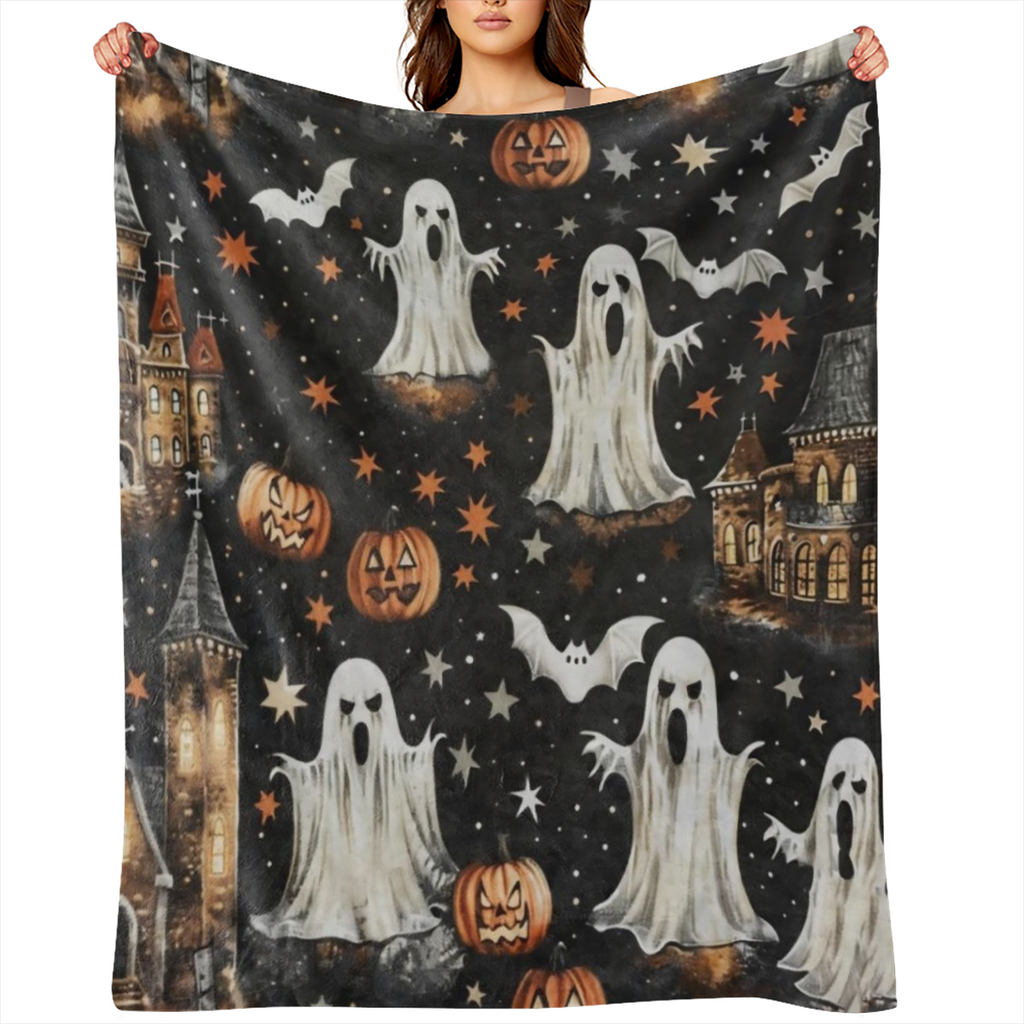 Cozy Flannel Halloween blanket with castle, ghost and bat patterns - soft and warm, perfect for sofas, beds, cars, offices, camping - all- season gift