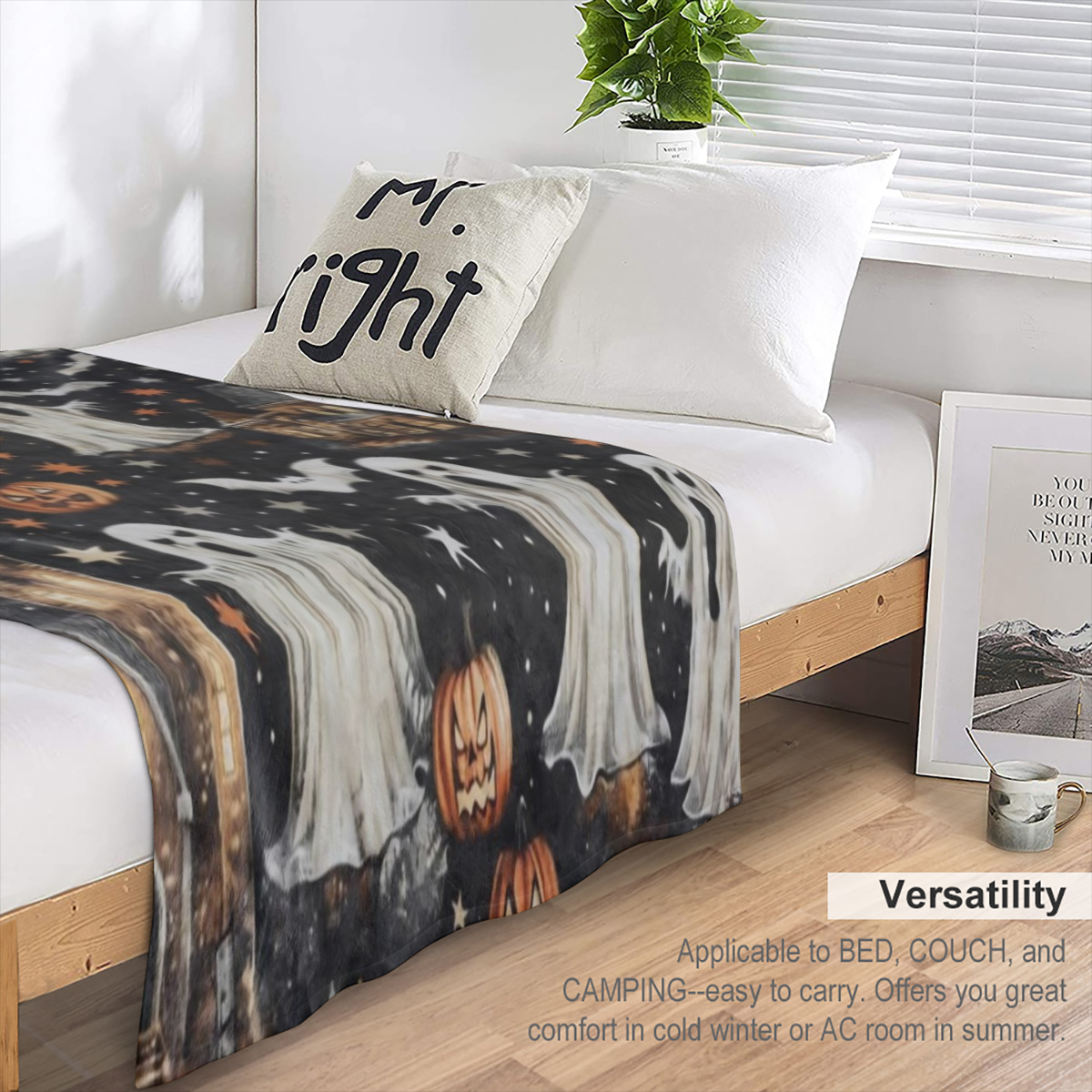 Cozy Flannel Halloween blanket with castle, ghost and bat patterns - soft and warm, perfect for sofas, beds, cars, offices, camping - all- season gift