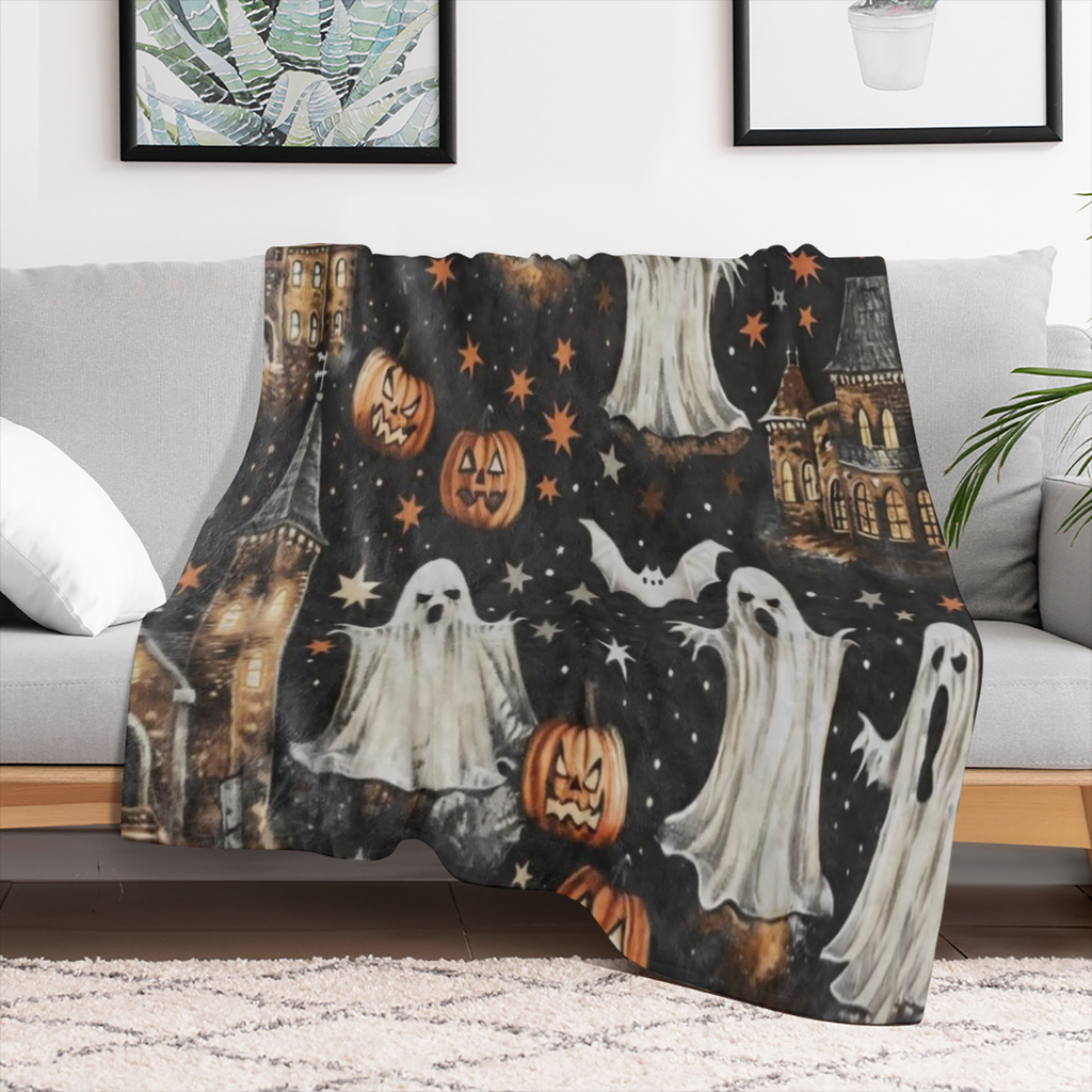 Cozy Flannel Halloween blanket with castle, ghost and bat patterns - soft and warm, perfect for sofas, beds, cars, offices, camping - all- season gift