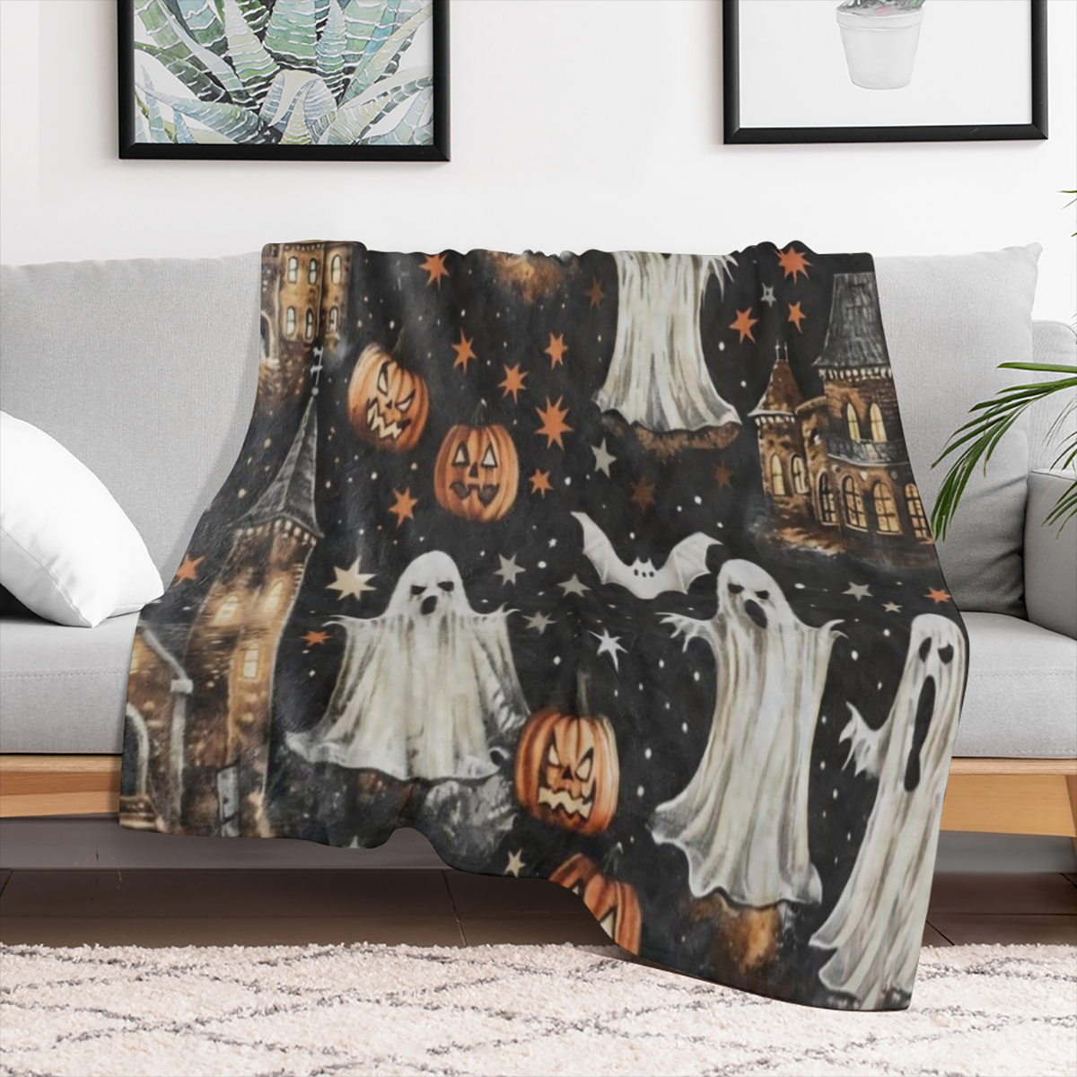 Cozy Flannel Halloween blanket with castle, ghost and bat patterns - soft and warm, perfect for sofas, beds, cars, offices, camping - all- season gift