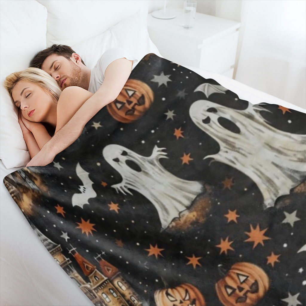 Cozy Flannel Halloween blanket with castle, ghost and bat patterns - soft and warm, perfect for sofas, beds, cars, offices, camping - all- season gift