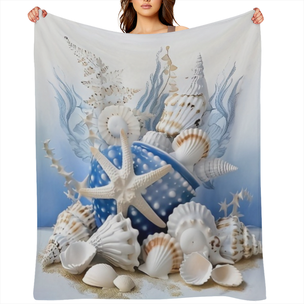 Cozy Blue Ocean-Themed Flannel Throw Blanket - Soft Warm Versatile for Couch Bed Office and Travel - Perfect Gift for All Seasons - Vibrant Sea Life Design with Starfish Seashells