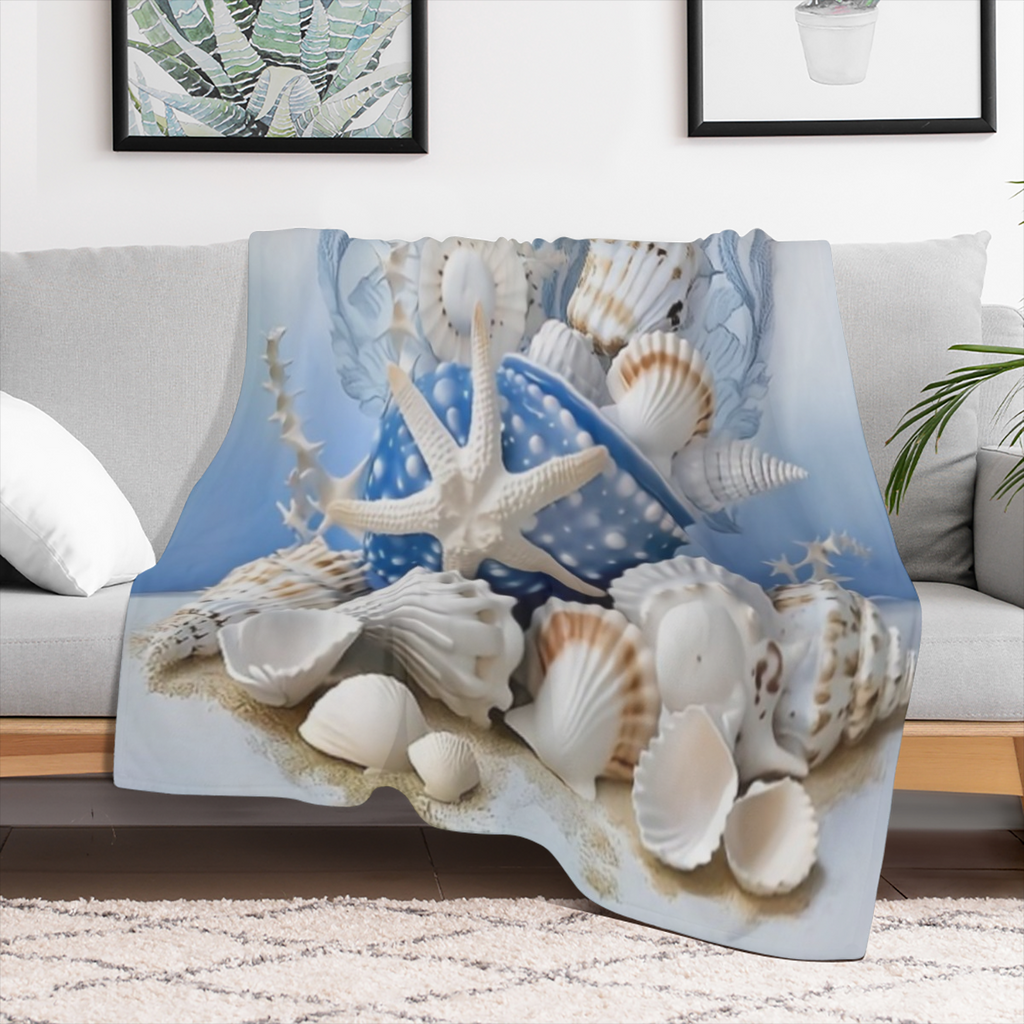 Cozy Blue Ocean-Themed Flannel Throw Blanket - Soft Warm Versatile for Couch Bed Office and Travel - Perfect Gift for All Seasons - Vibrant Sea Life Design with Starfish Seashells