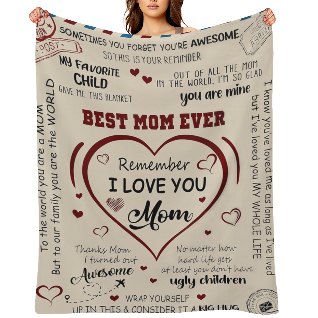 Best Mom Ever Blanket, Gifts for Mom, Mom Gifts for Christmas from Daughter Son, Gifts for Women for Anniversary, Birthday, Mother' s Day, I Love You Mom Letter Cozy Fleece Blanket 50x60, 280GSM CozyF