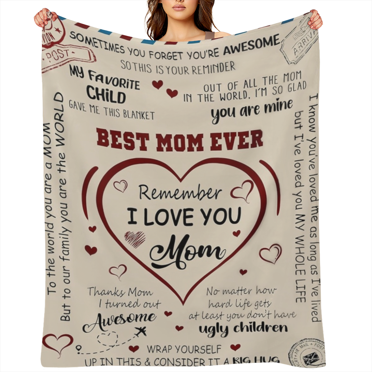 Best Mom Ever Blanket, Gifts for Mom, Mom Gifts for Christmas from Daughter Son, Gifts for Women for Anniversary, Birthday, Mother' s Day, I Love You Mom Letter Cozy Fleece Blanket 50x60, 280GSM CozyF