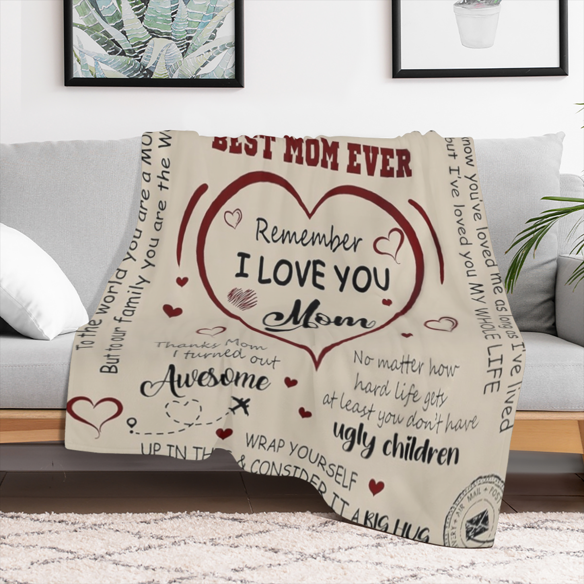 Best Mom Ever Blanket, Gifts for Mom, Mom Gifts for Christmas from Daughter Son, Gifts for Women for Anniversary, Birthday, Mother' s Day, I Love You Mom Letter Cozy Fleece Blanket 50x60, 280GSM CozyF
