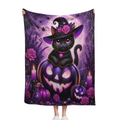 #47 Halloween Witch Hat Black Cat on Purple Pumpkin Cozy Spooky Throw Blanket