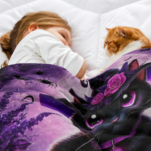 #47 Halloween Witch Hat Black Cat on Purple Pumpkin Cozy Spooky Throw Blanket