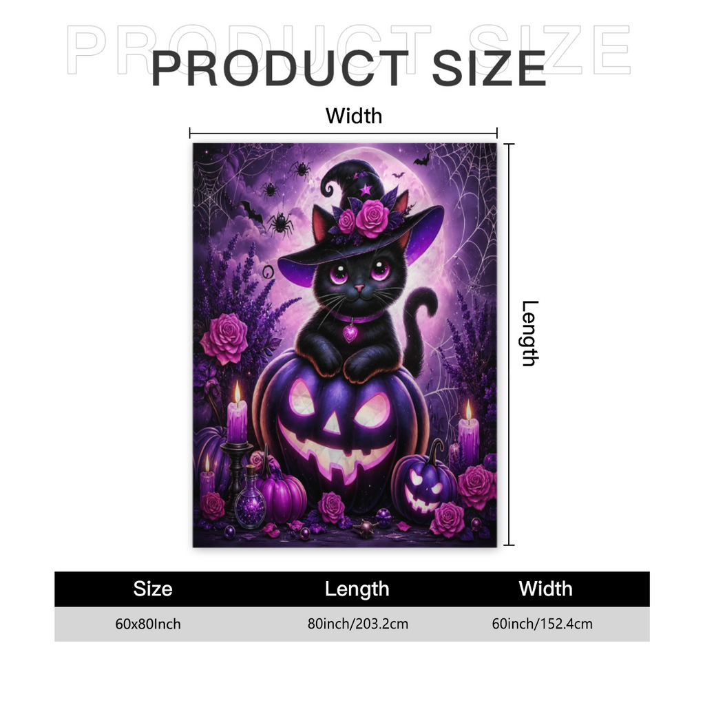 #47 Halloween Witch Hat Black Cat on Purple Pumpkin Cozy Spooky Throw Blanket