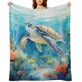 1pc Manta de Franela con Tem¨¢tica de Tortuga y Oc¨¦ano - Tela de Punto de Poli¨¦ster Suave y Plush para Todas las Estaciones, Ligera y C¨®moda para Cama y Sof¨¢, 250-300gsm, Estilo Contempor¨¢neo, Re