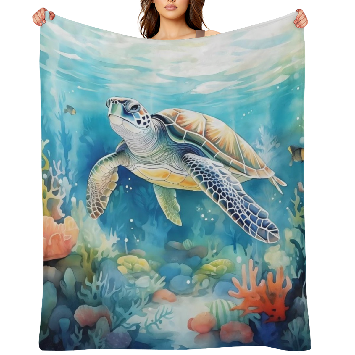 1pc Manta de Franela con Tem¨¢tica de Tortuga y Oc¨¦ano - Tela de Punto de Poli¨¦ster Suave y Plush para Todas las Estaciones, Ligera y C¨®moda para Cama y Sof¨¢, 250-300gsm, Estilo Contempor¨¢neo, Re