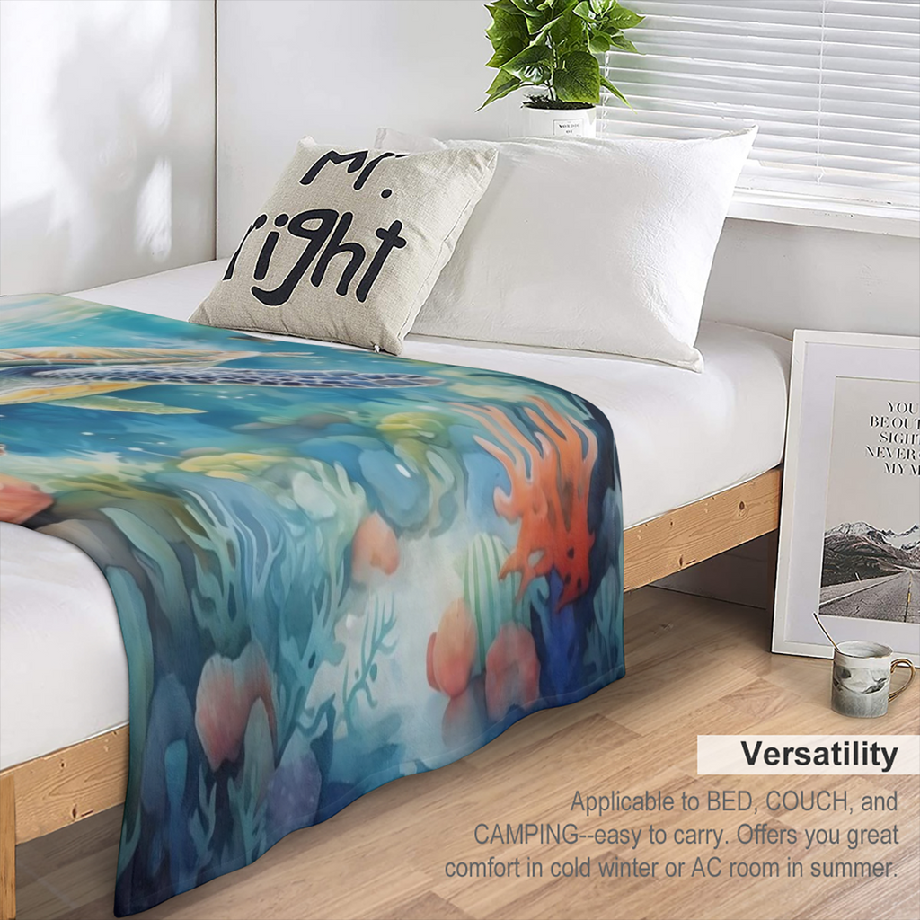 1pc Manta de Franela con Tem¨¢tica de Tortuga y Oc¨¦ano - Tela de Punto de Poli¨¦ster Suave y Plush para Todas las Estaciones, Ligera y C¨®moda para Cama y Sof¨¢, 250-300gsm, Estilo Contempor¨¢neo, Re