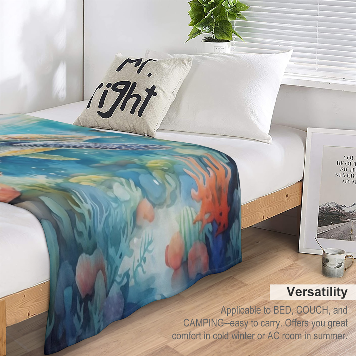 1pc Manta de Franela con Tem¨¢tica de Tortuga y Oc¨¦ano - Tela de Punto de Poli¨¦ster Suave y Plush para Todas las Estaciones, Ligera y C¨®moda para Cama y Sof¨¢, 250-300gsm, Estilo Contempor¨¢neo, Re