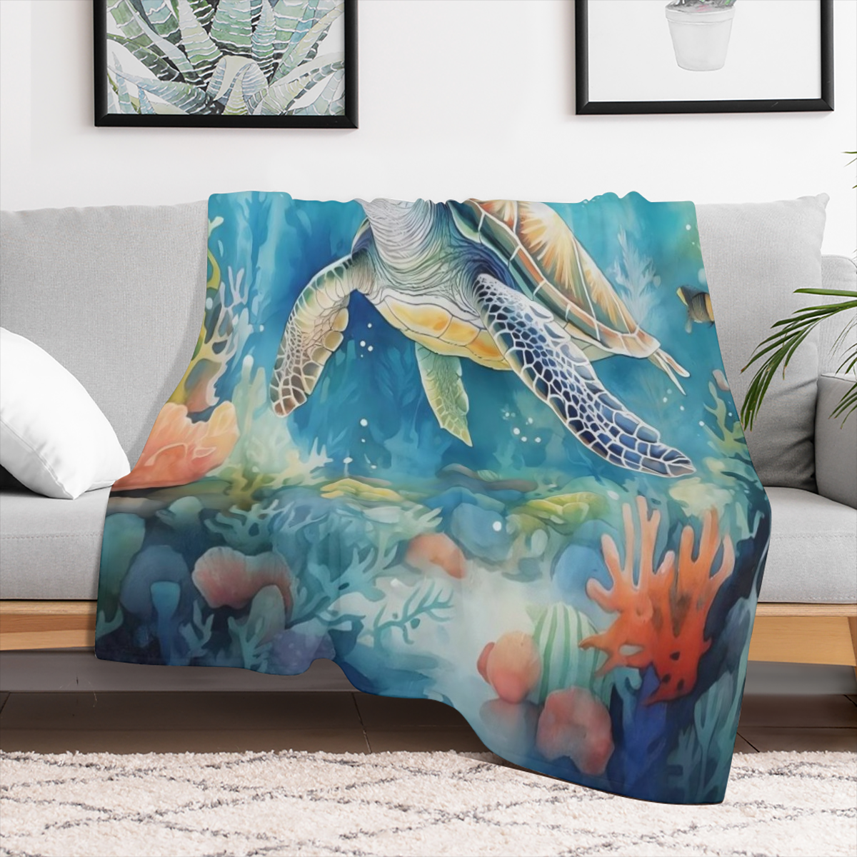 1pc Manta de Franela con Tem¨¢tica de Tortuga y Oc¨¦ano - Tela de Punto de Poli¨¦ster Suave y Plush para Todas las Estaciones, Ligera y C¨®moda para Cama y Sof¨¢, 250-300gsm, Estilo Contempor¨¢neo, Re