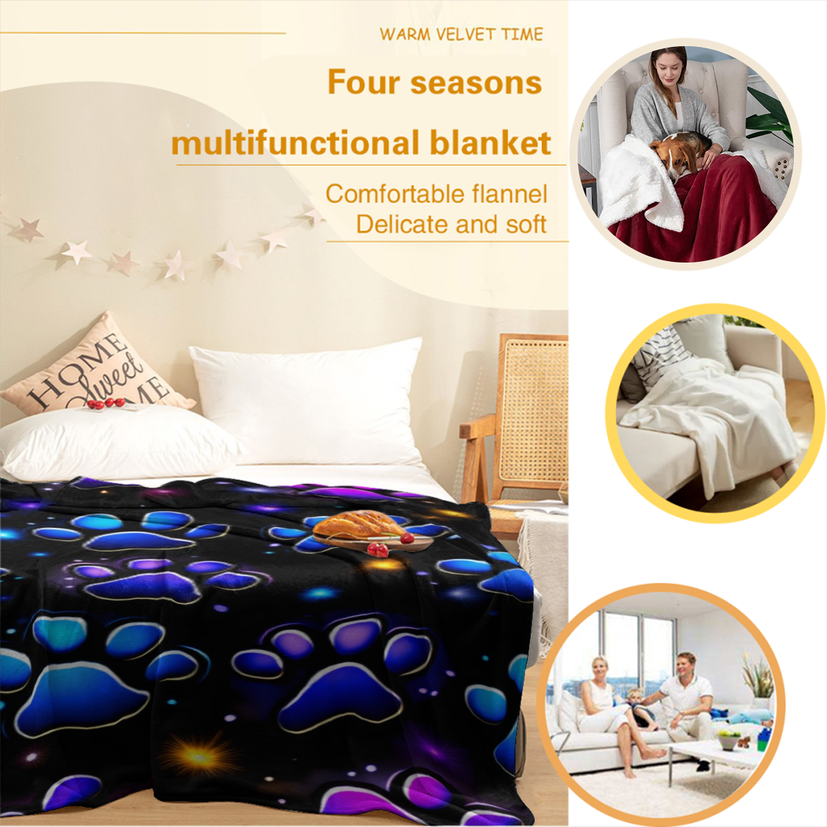 Extra Large Heavyweight 280GSM Soft Polyester Paw Print Blanket Suitable for - Deep Purple, Blue,, Black, Pink, Purple Queen Size (60"x80") & Twin/Full Sizes (30x40"/50x60") - All-Season Couch, Bed, C
