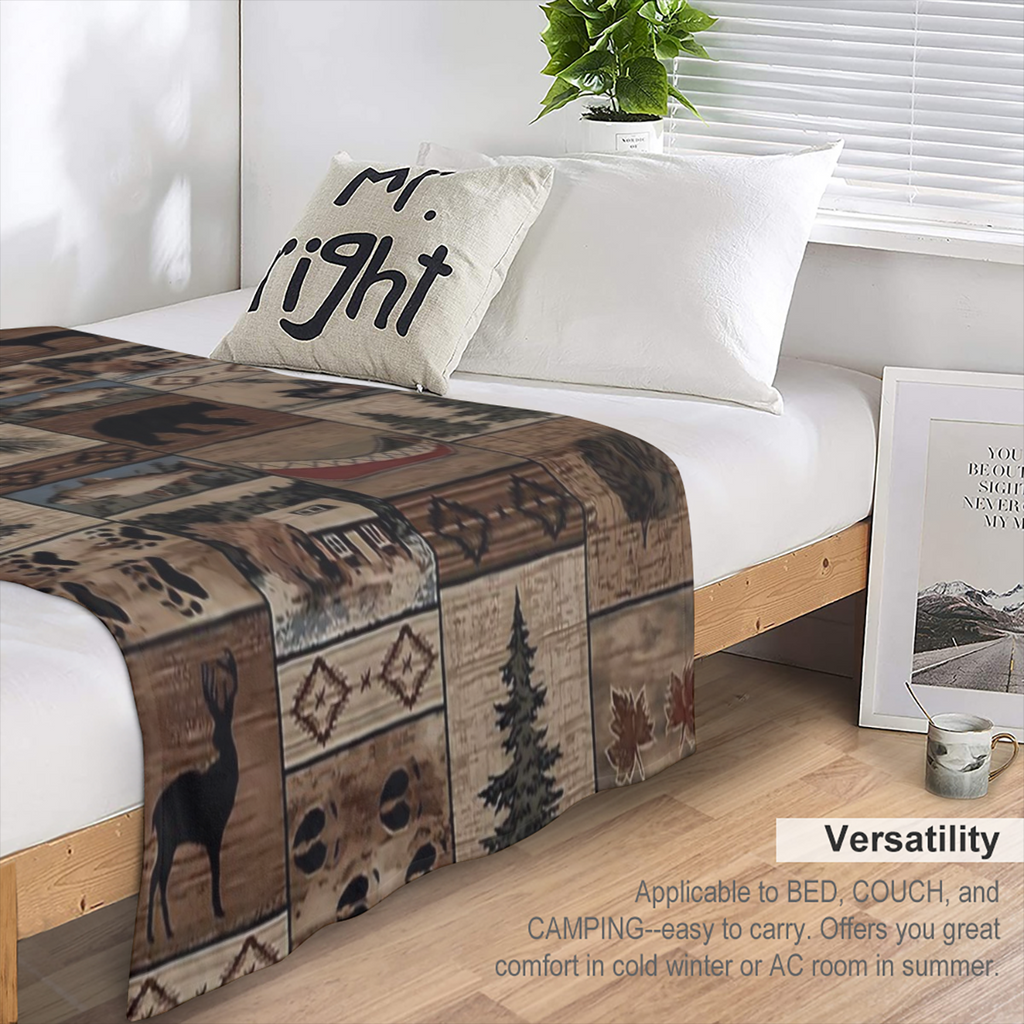 1pc Rustic Wooden Animal Pattern Flannel Throw Blanket, All- Season Versatile Bedding, Anti- Tear, Hypoallergenic, Digital Print, Polyester, Knitted, Multi- Purpose for Home, Kitchen, Camping, Travel