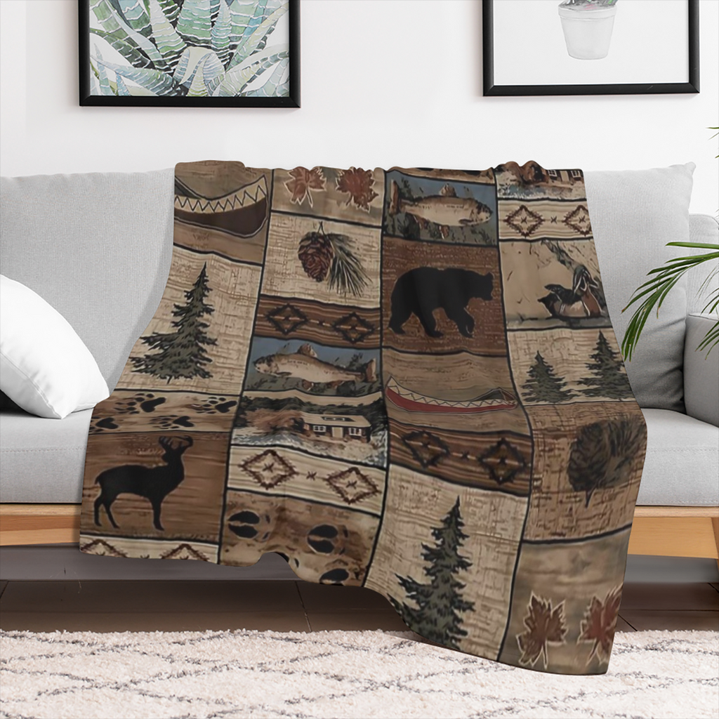 1pc Rustic Wooden Animal Pattern Flannel Throw Blanket, All- Season Versatile Bedding, Anti- Tear, Hypoallergenic, Digital Print, Polyester, Knitted, Multi- Purpose for Home, Kitchen, Camping, Travel