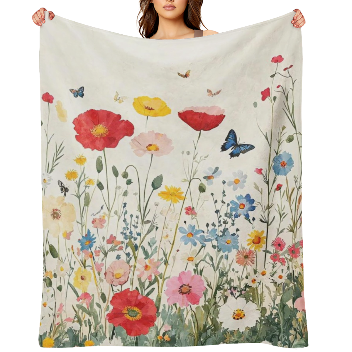 A modern floral and butterfly patterned flannel blanket - tear resistant, knitted fabric for all seasons, perfect for home, office, outdoors, beach, camping - digitally printed polyester decorative bl