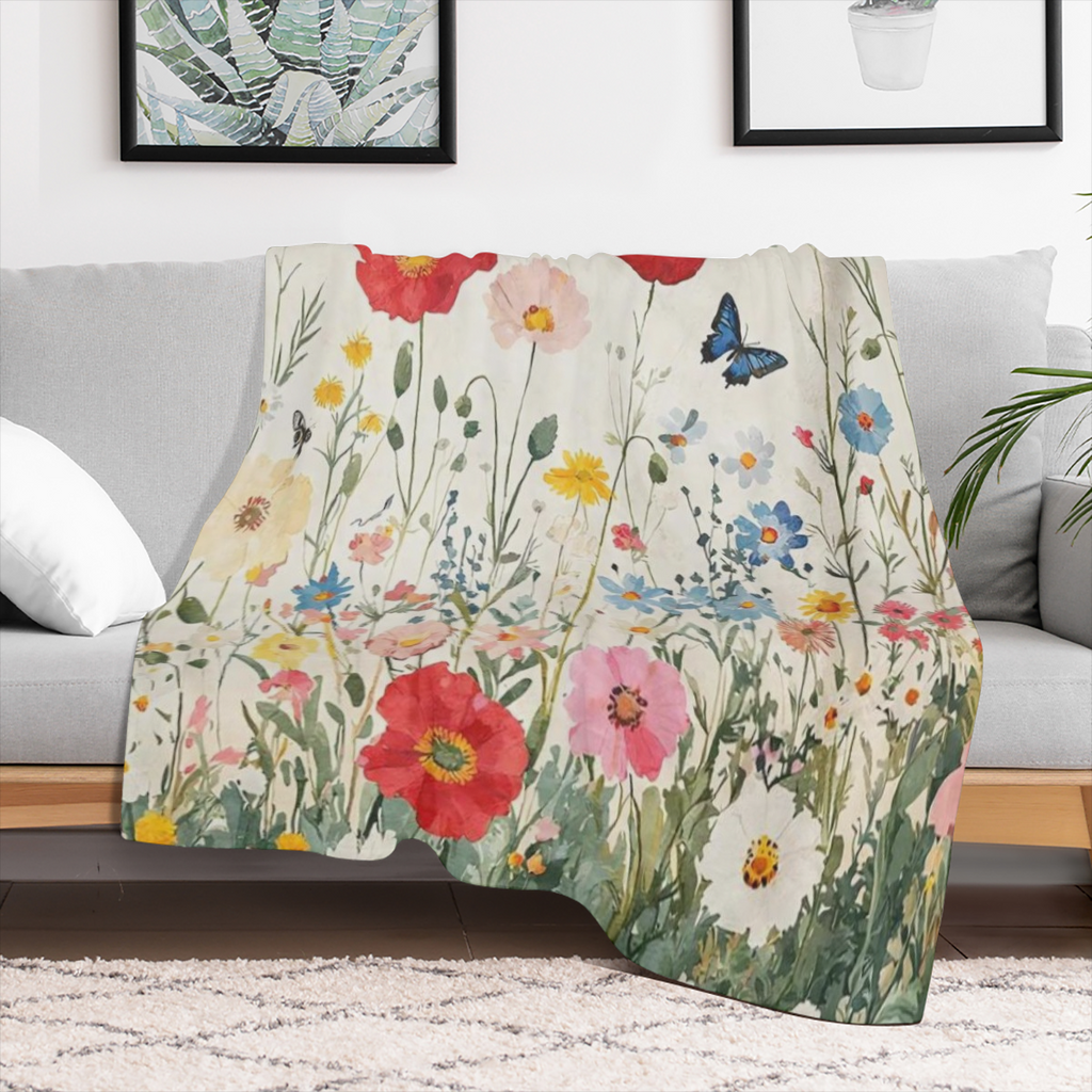 A modern floral and butterfly patterned flannel blanket - tear resistant, knitted fabric for all seasons, perfect for home, office, outdoors, beach, camping - digitally printed polyester decorative bl