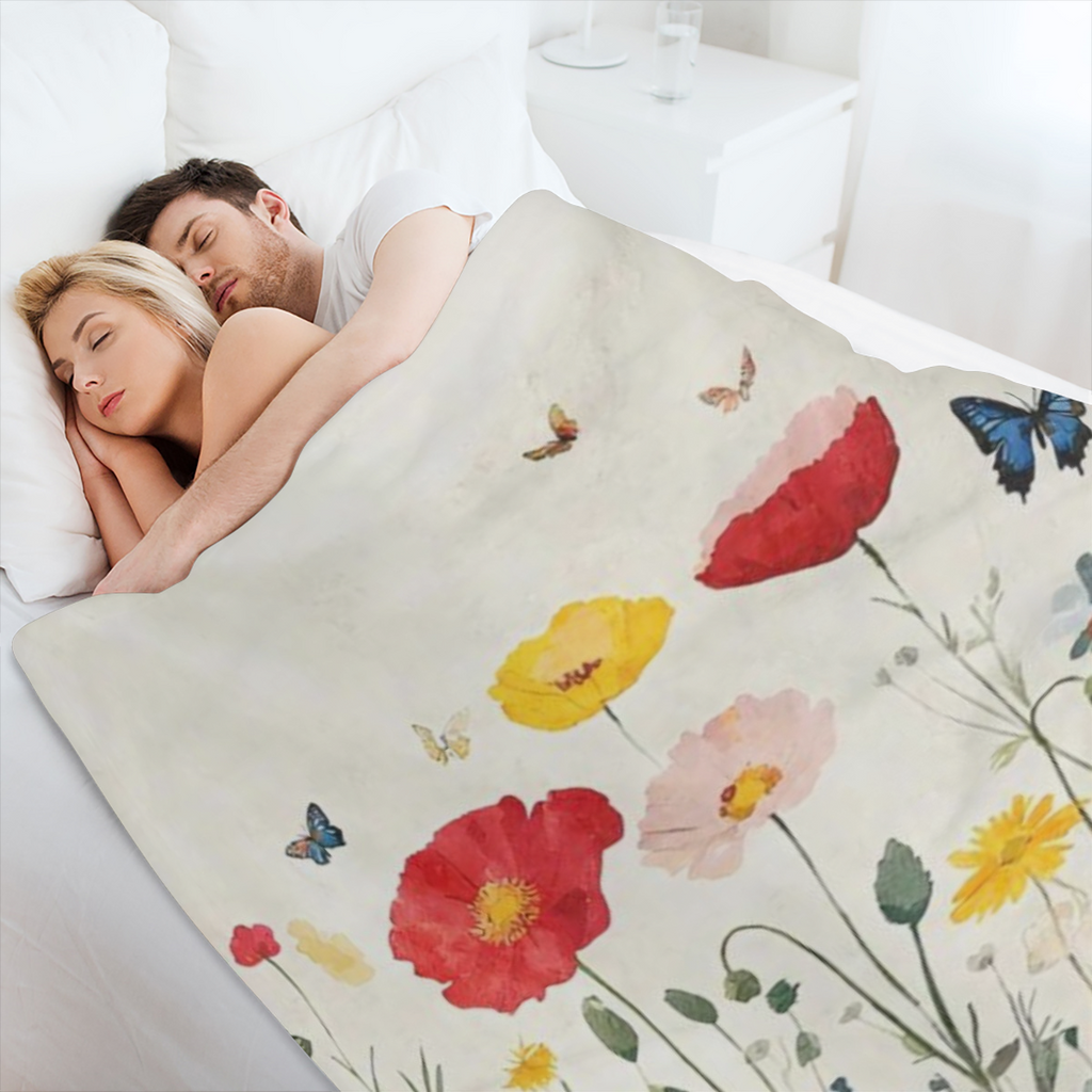 A modern floral and butterfly patterned flannel blanket - tear resistant, knitted fabric for all seasons, perfect for home, office, outdoors, beach, camping - digitally printed polyester decorative bl