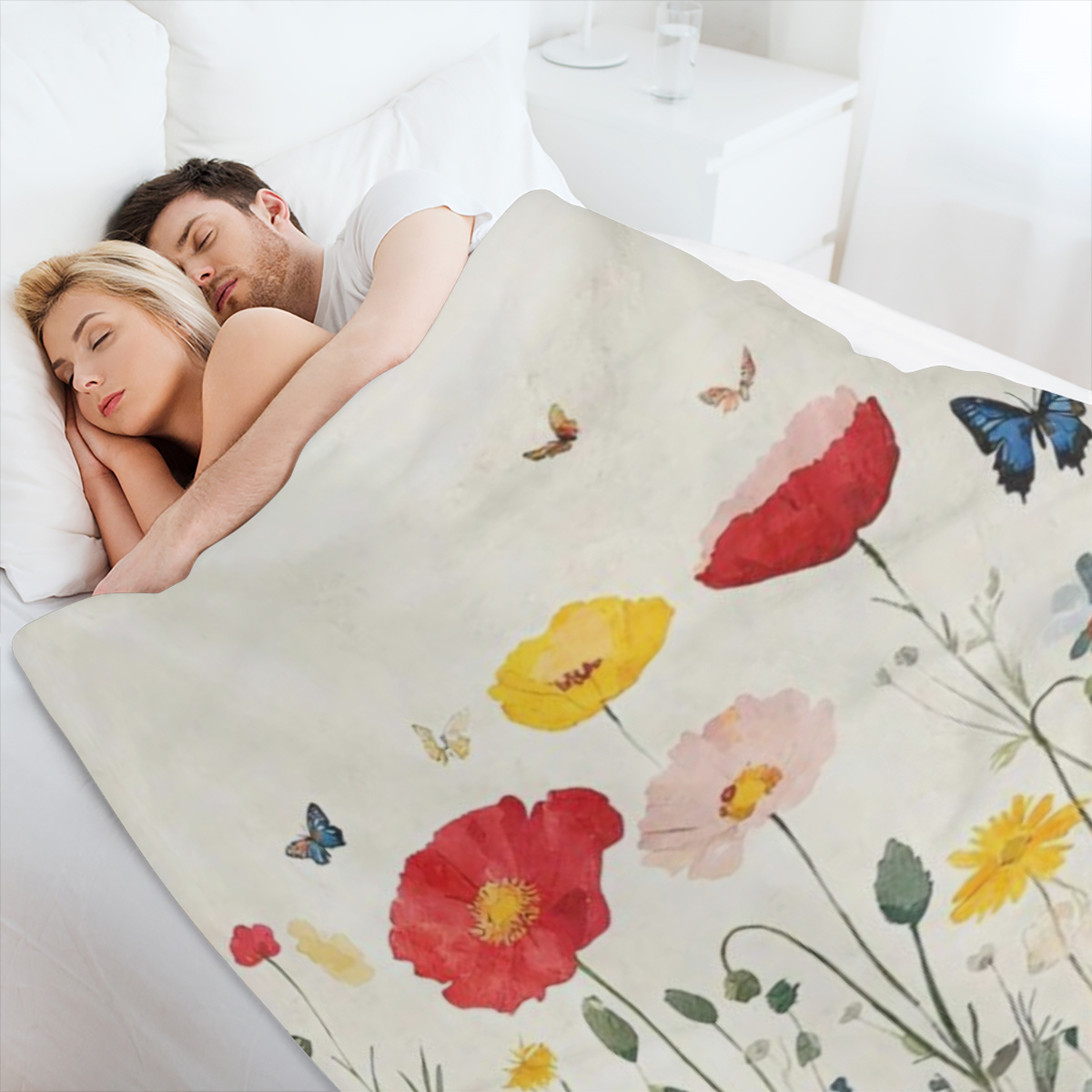 A modern floral and butterfly patterned flannel blanket - tear resistant, knitted fabric for all seasons, perfect for home, office, outdoors, beach, camping - digitally printed polyester decorative bl