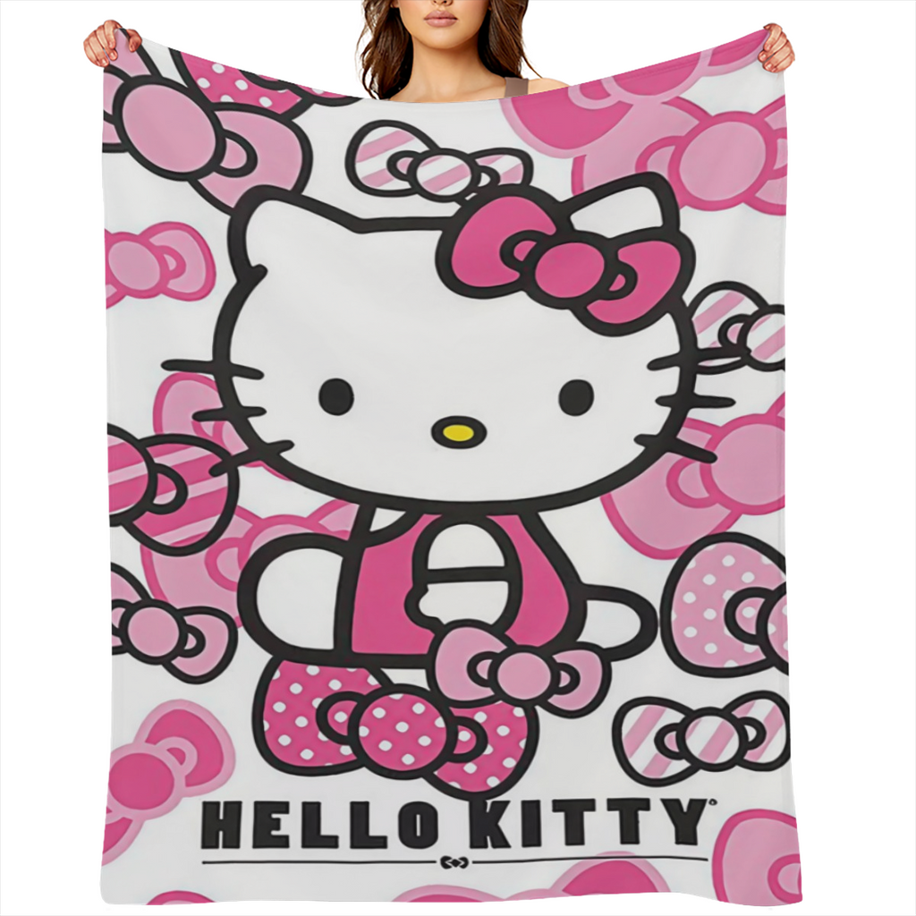 Cozy Sanrio Hello Kitty Flannel Blanket - Thick, Soft & Warm Double- Sided Throw with Vibrant 3D Print Perfect All- Season Gift for & Fans Red & White with Pink Accents Hand Wash Only, Hello Kitty Bla