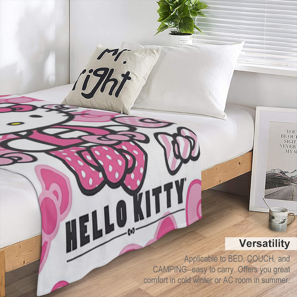 Cozy Sanrio Hello Kitty Flannel Blanket - Thick, Soft & Warm Double- Sided Throw with Vibrant 3D Print Perfect All- Season Gift for & Fans Red & White with Pink Accents Hand Wash Only, Hello Kitty Bla