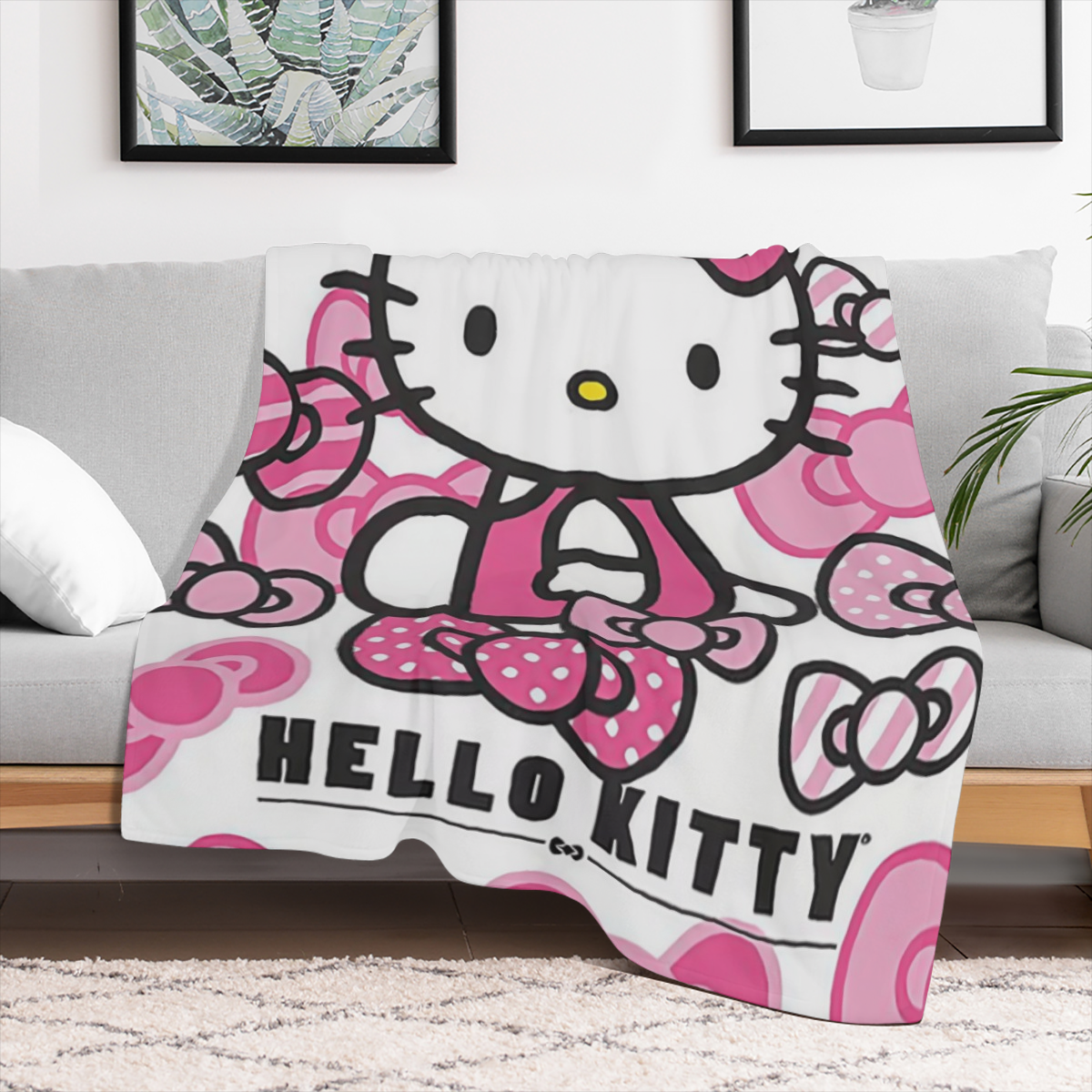 Cozy Sanrio Hello Kitty Flannel Blanket - Thick, Soft & Warm Double- Sided Throw with Vibrant 3D Print Perfect All- Season Gift for & Fans Red & White with Pink Accents Hand Wash Only, Hello Kitty Bla