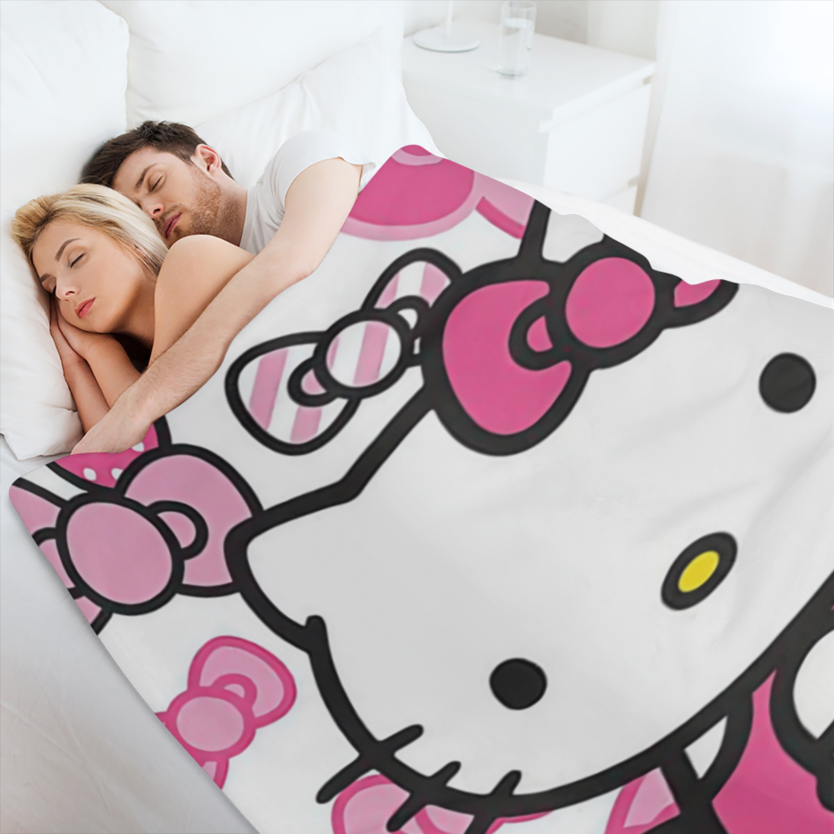 Cozy Sanrio Hello Kitty Flannel Blanket - Thick, Soft & Warm Double- Sided Throw with Vibrant 3D Print Perfect All- Season Gift for & Fans Red & White with Pink Accents Hand Wash Only, Hello Kitty Bla