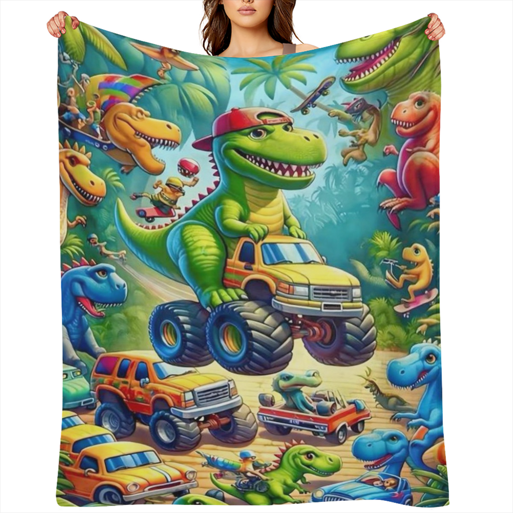 Cozy Dinosaur Truck Flannel Blanket - Vibrant Cartoon Dinosaur Design Soft Durable 100 Polyester Perfect for Naps Car Seats All-Season Comfort