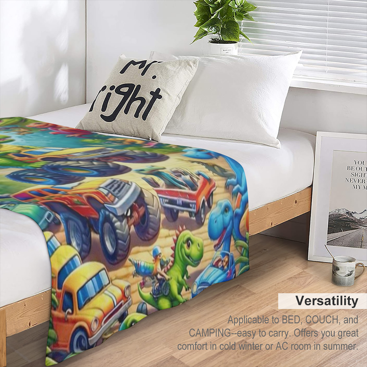 Cozy Dinosaur Truck Flannel Blanket - Vibrant Cartoon Dinosaur Design Soft Durable 100 Polyester Perfect for Naps Car Seats All-Season Comfort