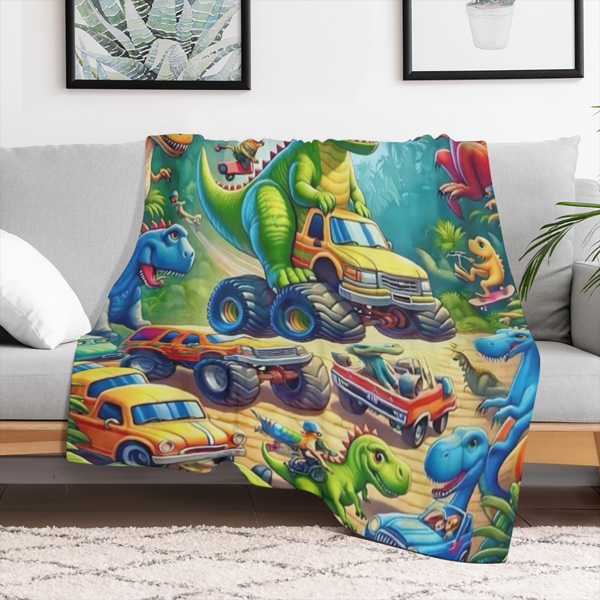 Cozy Dinosaur Truck Flannel Blanket - Vibrant Cartoon Dinosaur Design Soft Durable 100 Polyester Perfect for Naps Car Seats All-Season Comfort