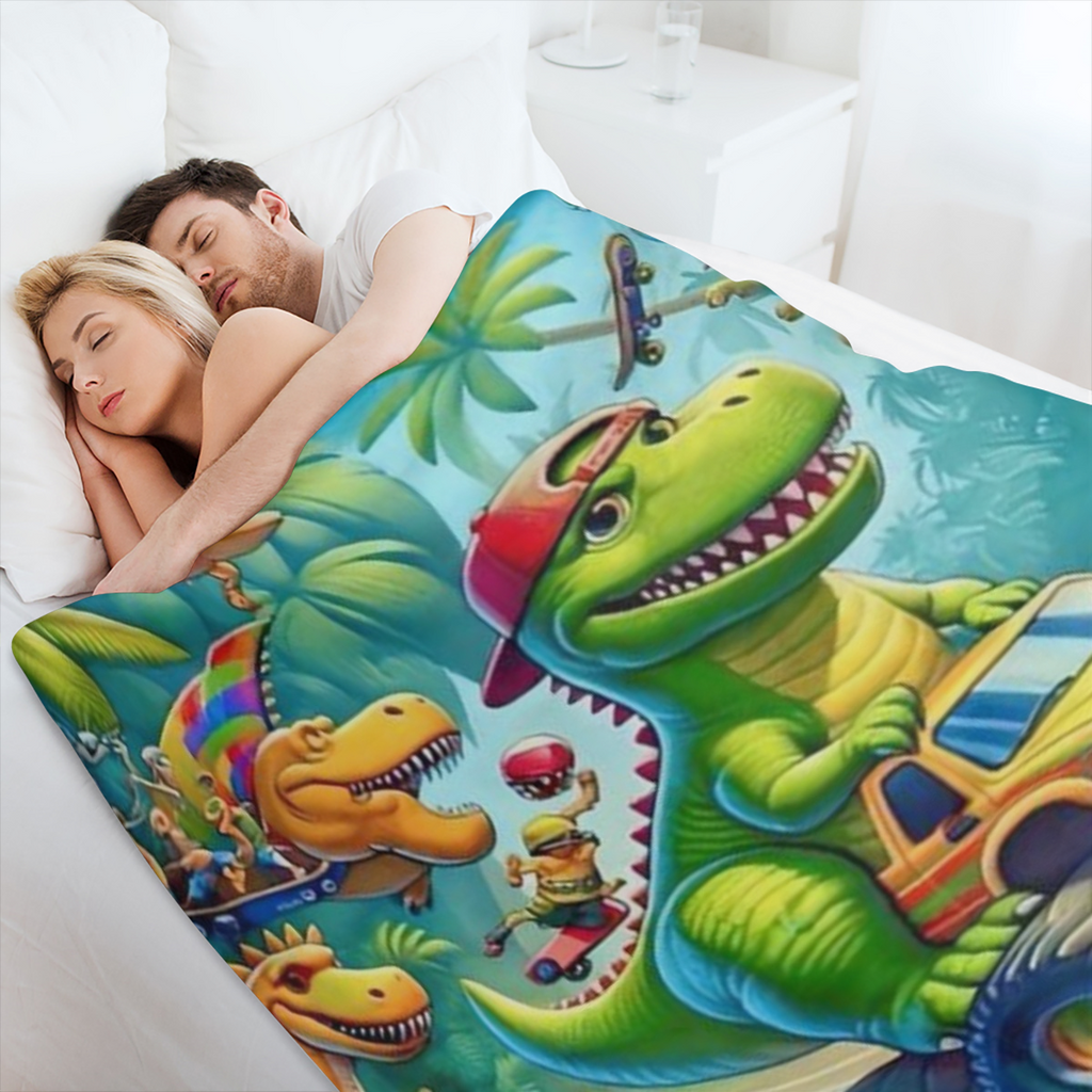 Cozy Dinosaur Truck Flannel Blanket - Vibrant Cartoon Dinosaur Design Soft Durable 100 Polyester Perfect for Naps Car Seats All-Season Comfort