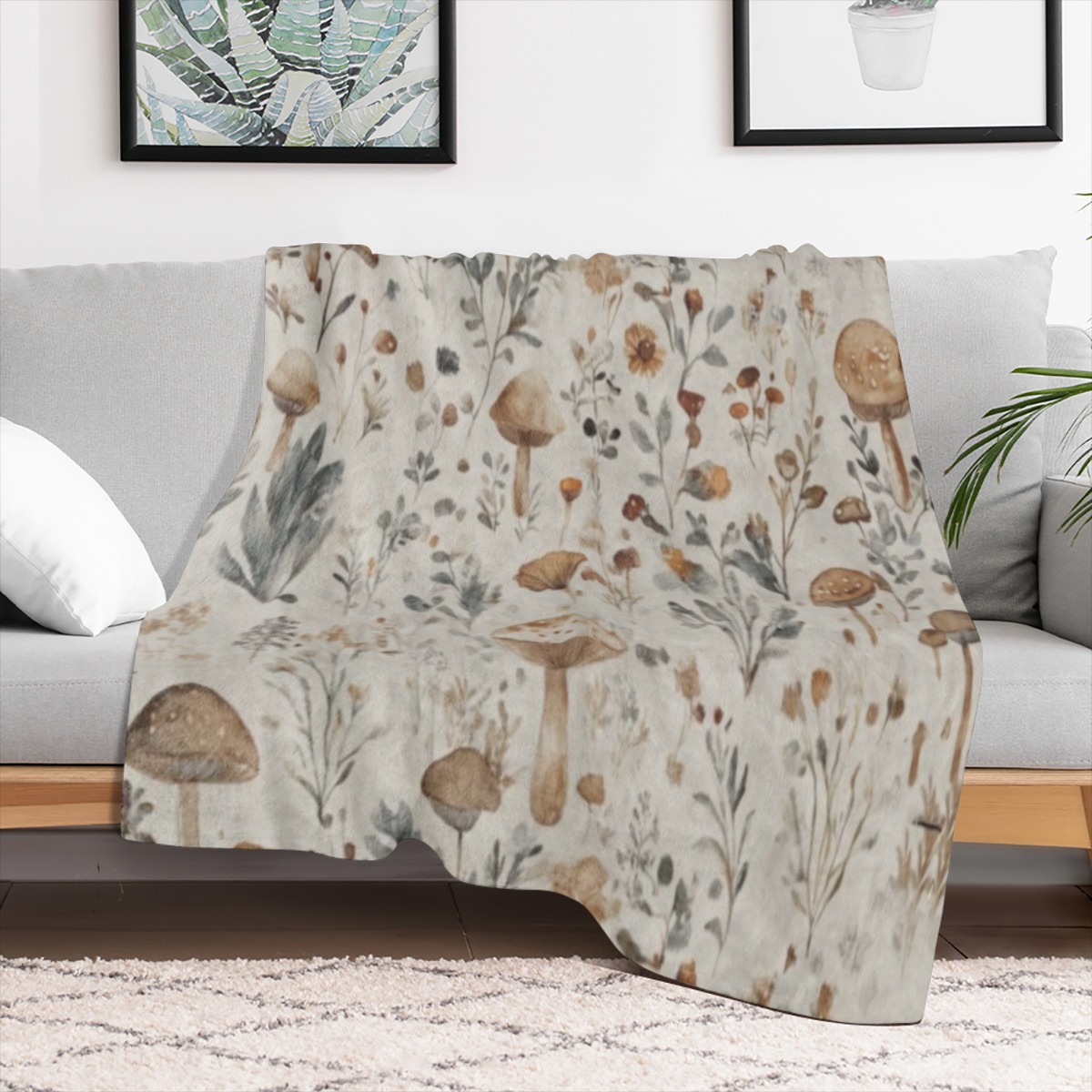 Cozy Vintage Mushroom & Floral Print Flannel Blanket - Soft, Warm Throw for Couch, Bed, Car, Office, Camping - Versatile All- Season Gift, for Autumn